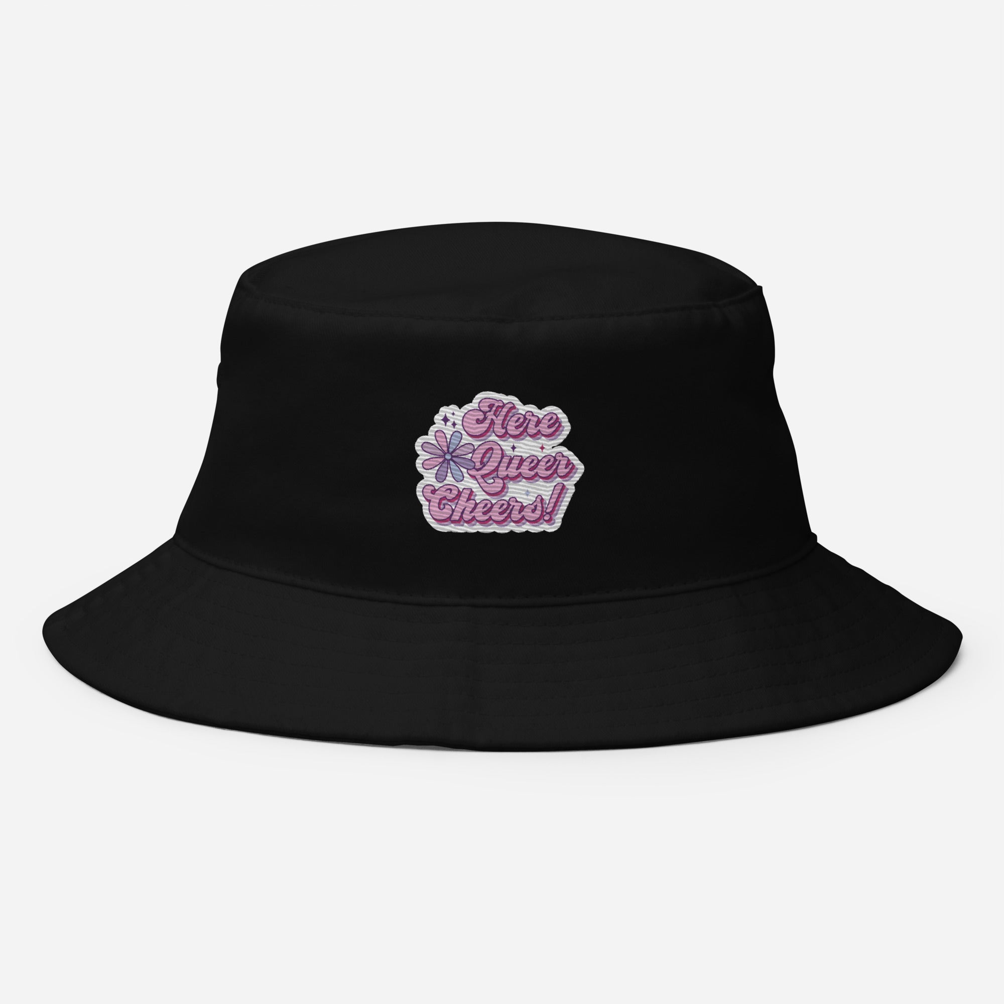 Here Queer Cheers embroidered bucket hat, black, front view 2 — Rose Gold Co