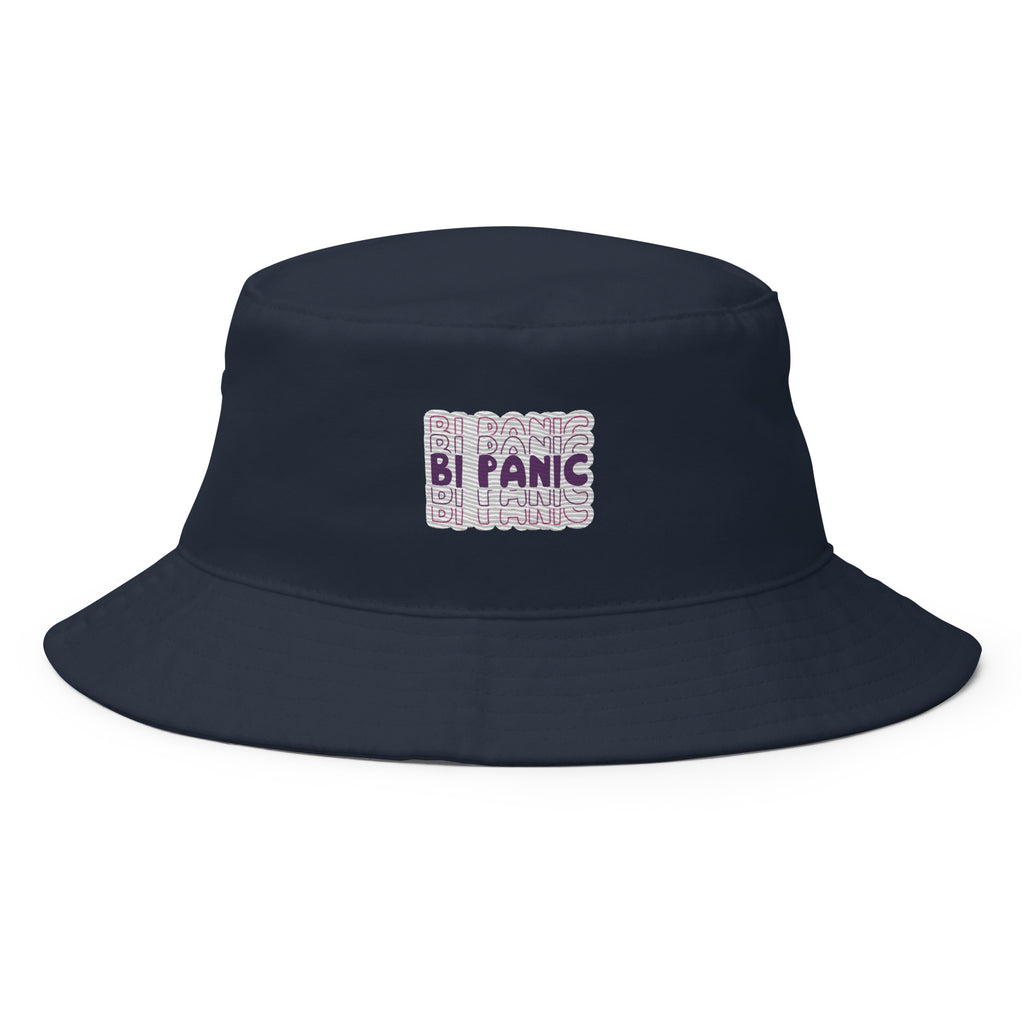Bi Panic embroidered bucket hat, navy, front view — Rose Gold Co