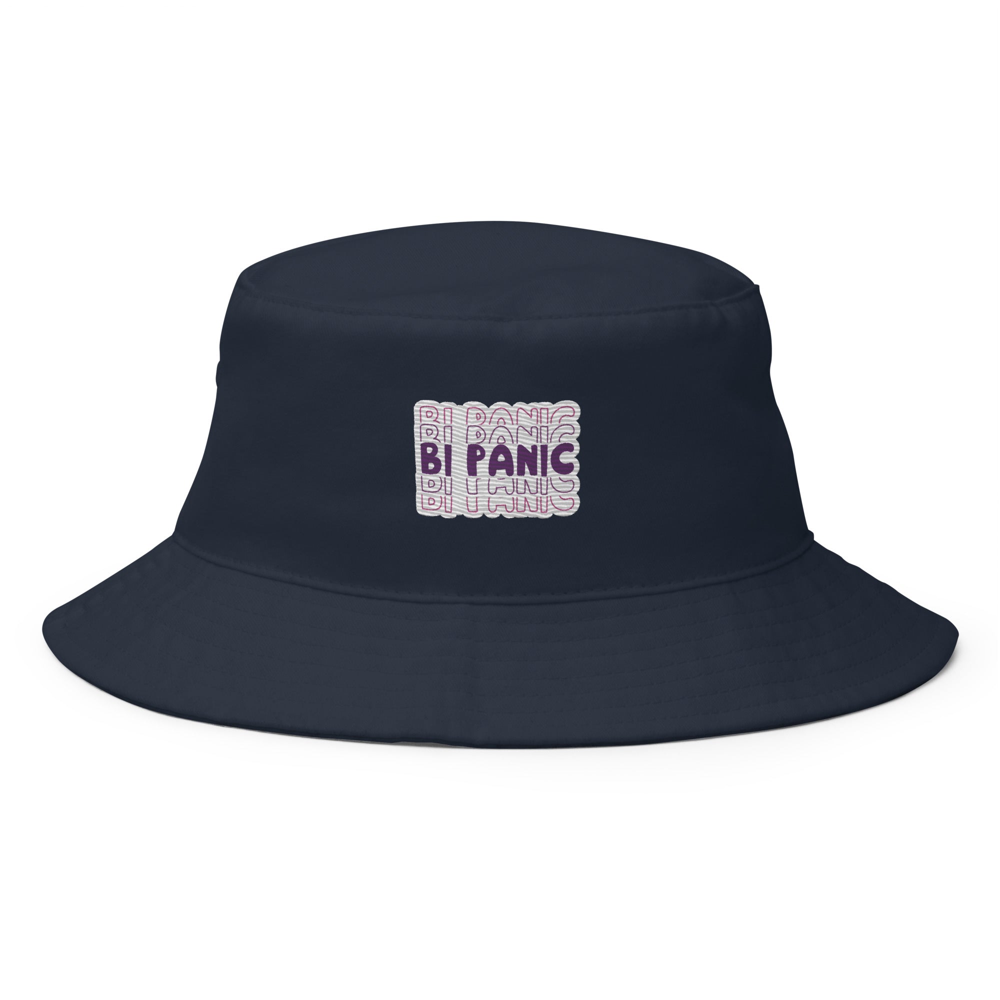 Bi Panic embroidered bucket hat, navy, front view — Rose Gold Co