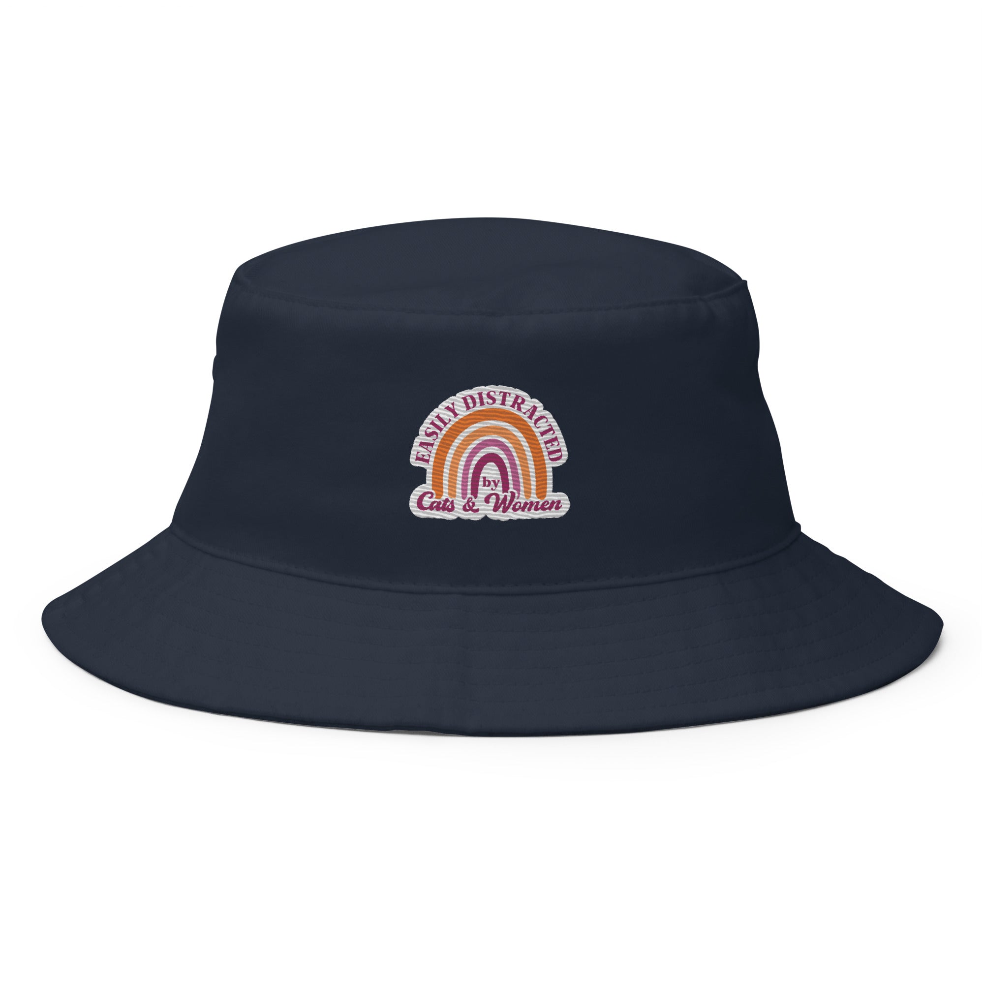 Easily Distracted by Cats & Women embroidered bucket hat, navy, front view — Rose Gold Co