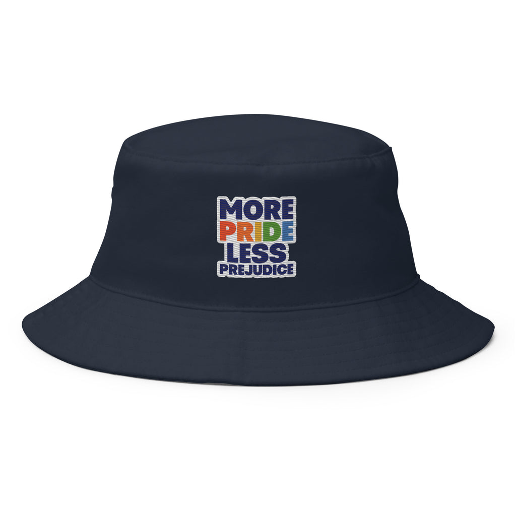 More Pride Less Prejudice embroidered bucket hat, navy, front view — Rose Gold Co