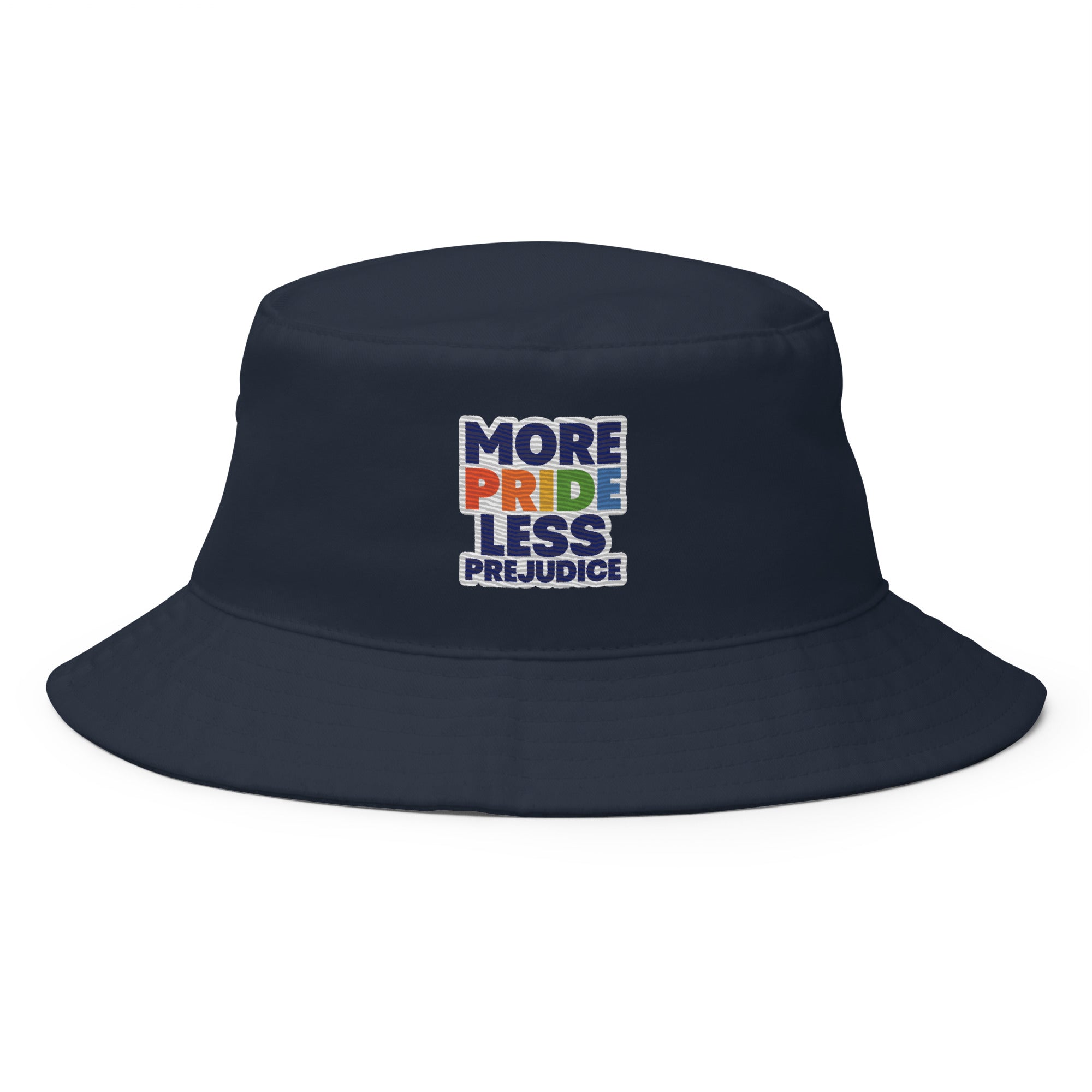 More Pride Less Prejudice embroidered bucket hat, navy, front view — Rose Gold Co