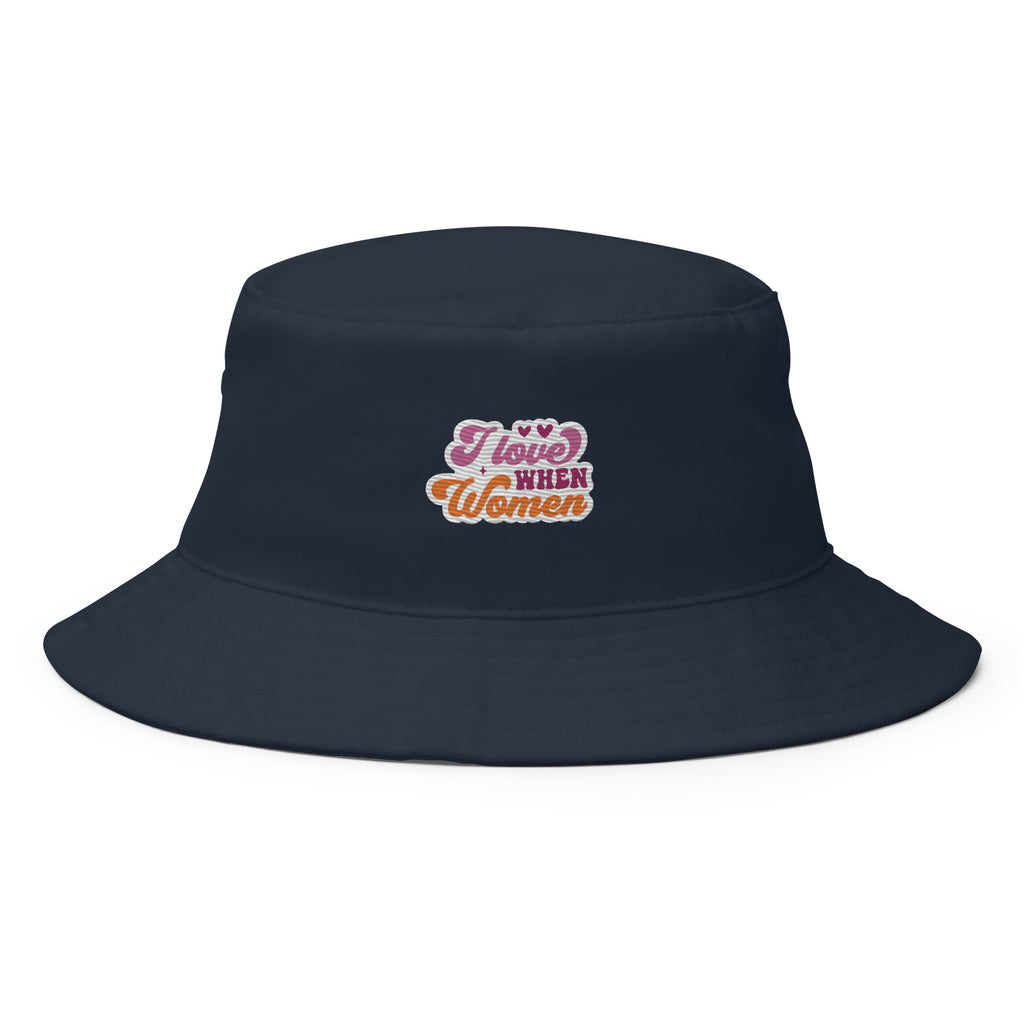 I Love When Women embroidered bucket hat, navy, front view — Rose Gold Co