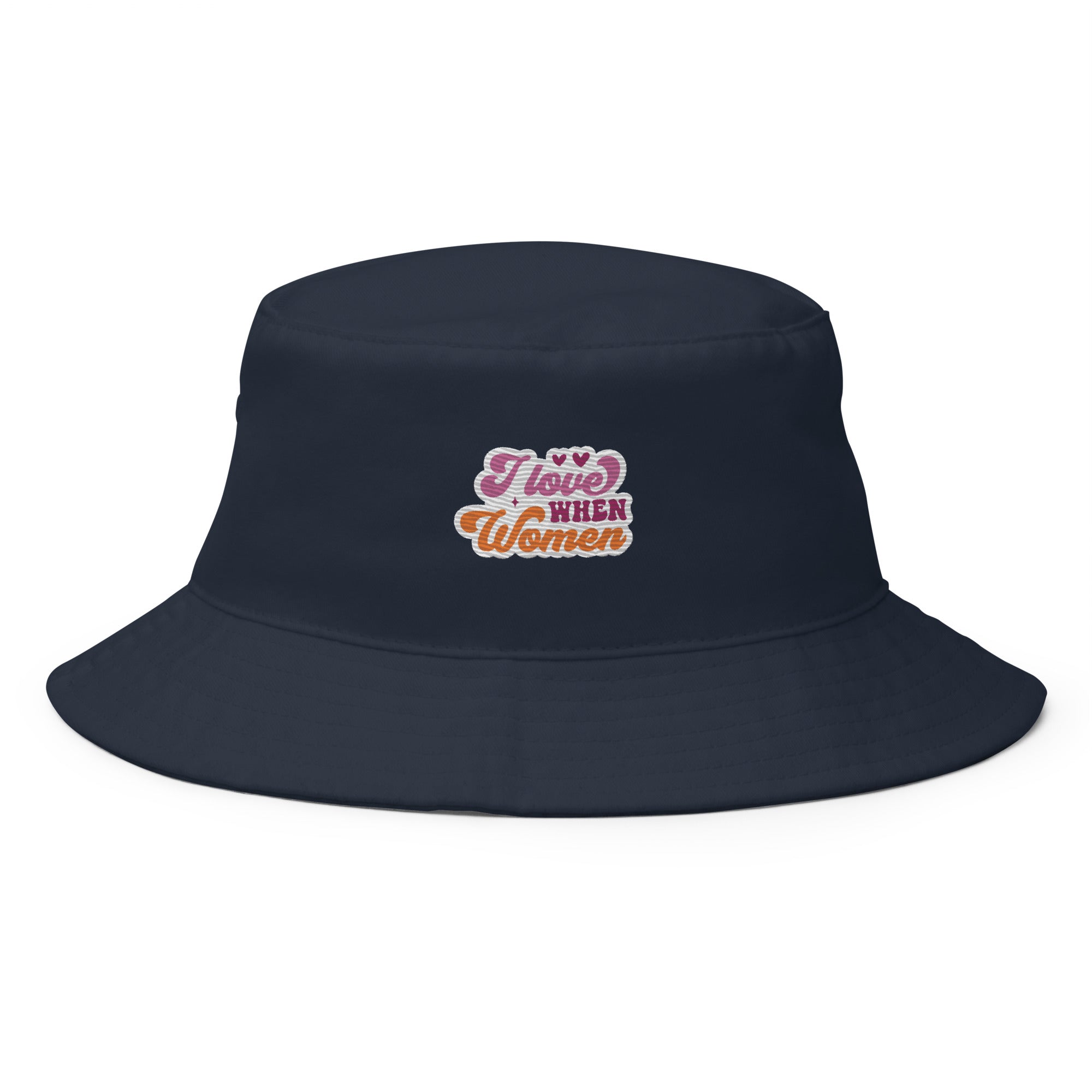 I Love When Women embroidered bucket hat, navy, front view — Rose Gold Co