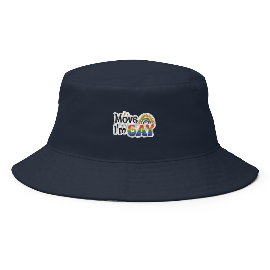 Move I'm Gay embroidered bucket hat, navy, front view — Rose Gold Co