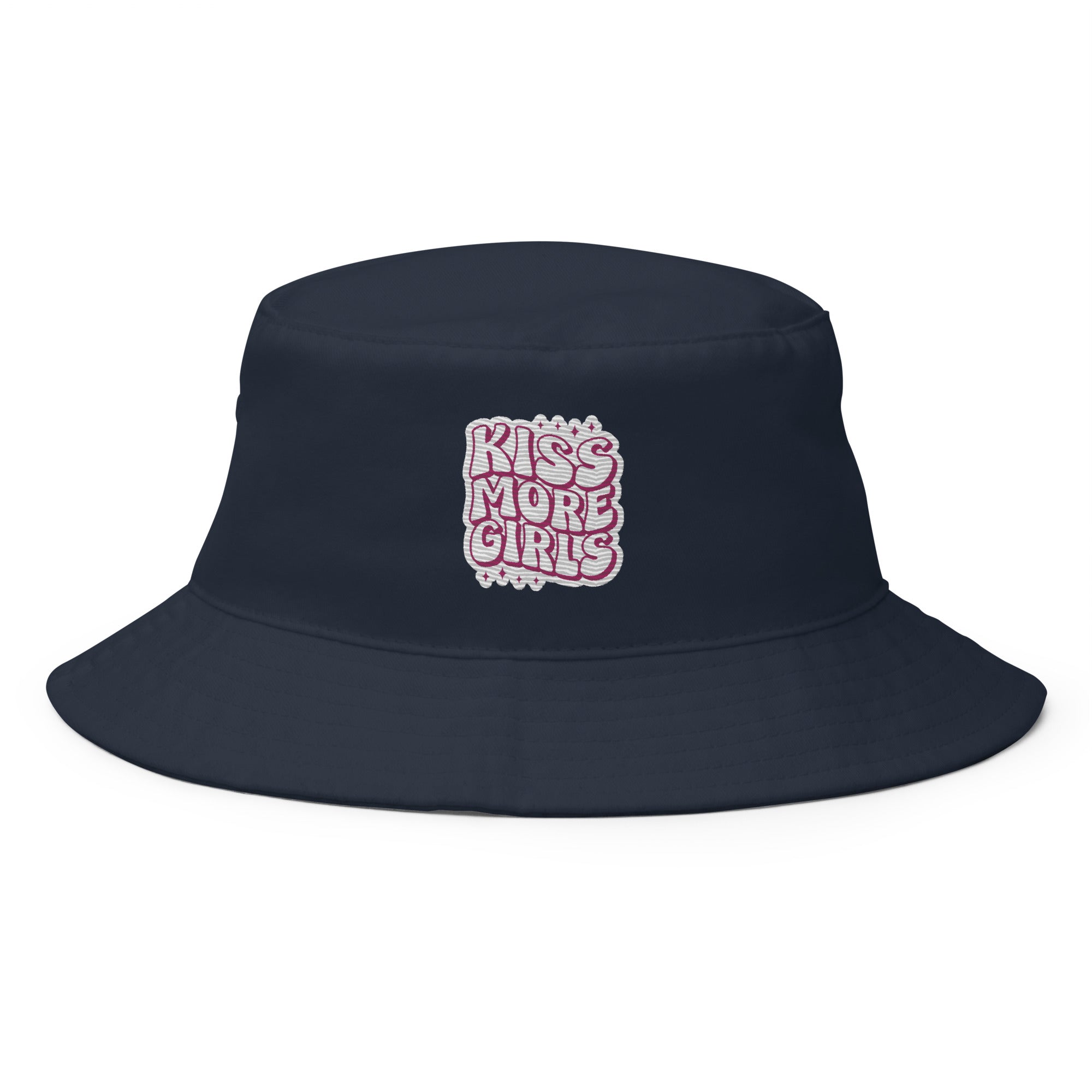 Kiss More Girls embroidered bucket hat, navy, front view — Rose Gold Co