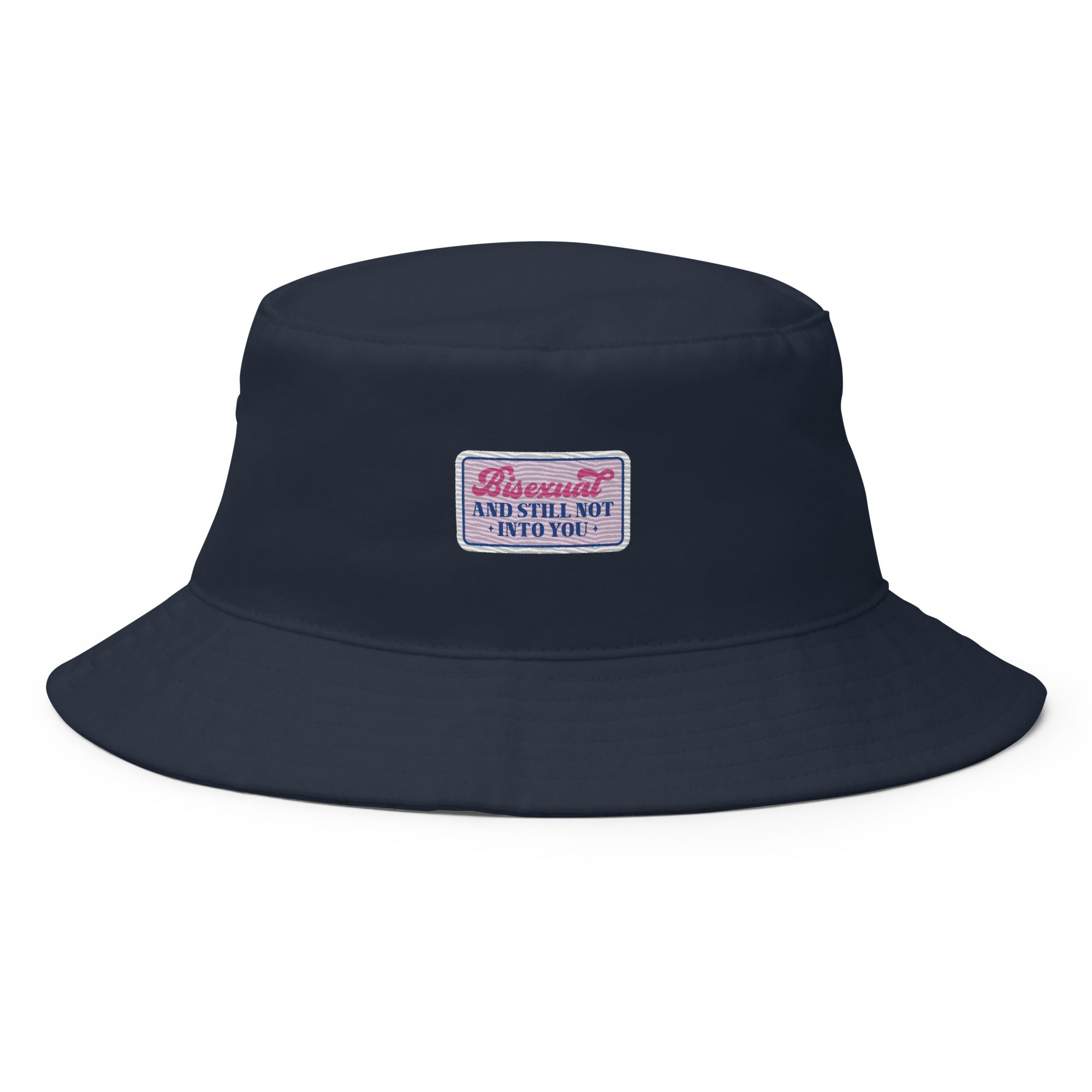 Bisexual and Still Not Into You embroidered bucket hat, navy, front view — Rose Gold Co