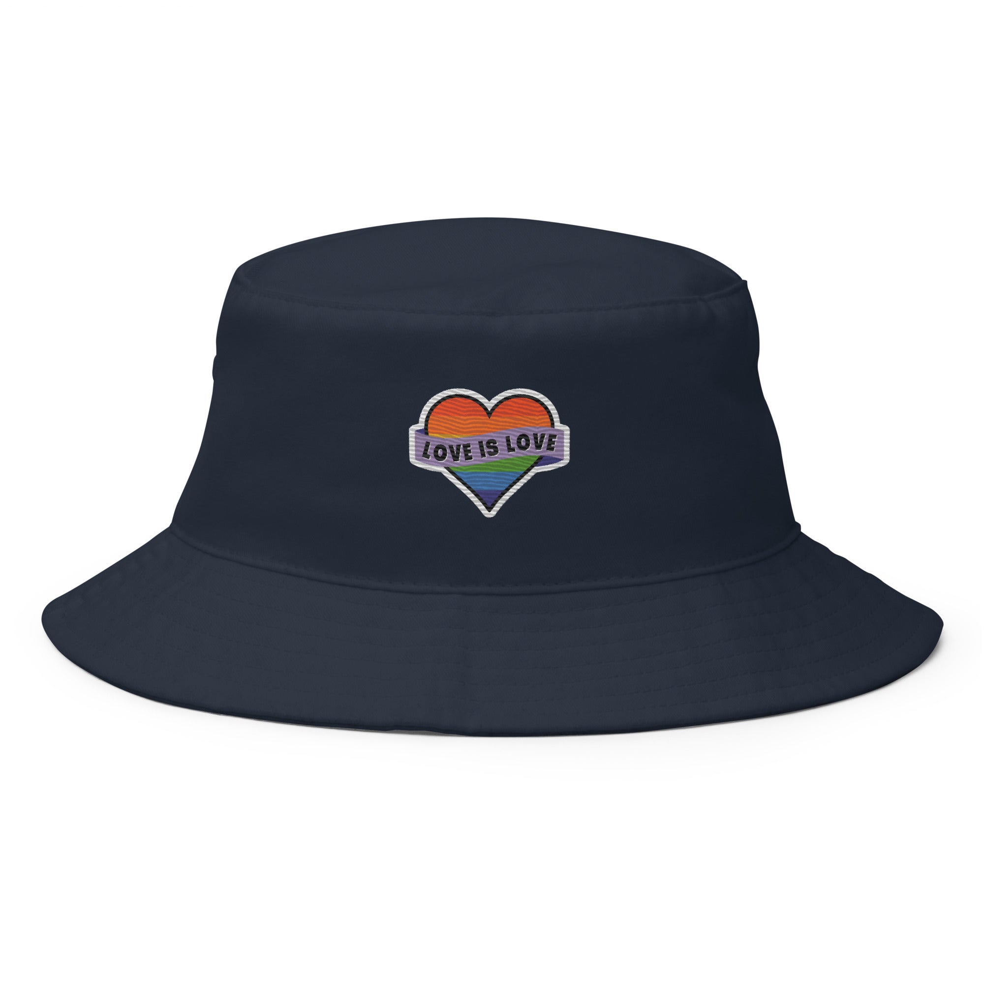 Love Is Love embroidered bucket hat, navy, front view — Rose Gold Co