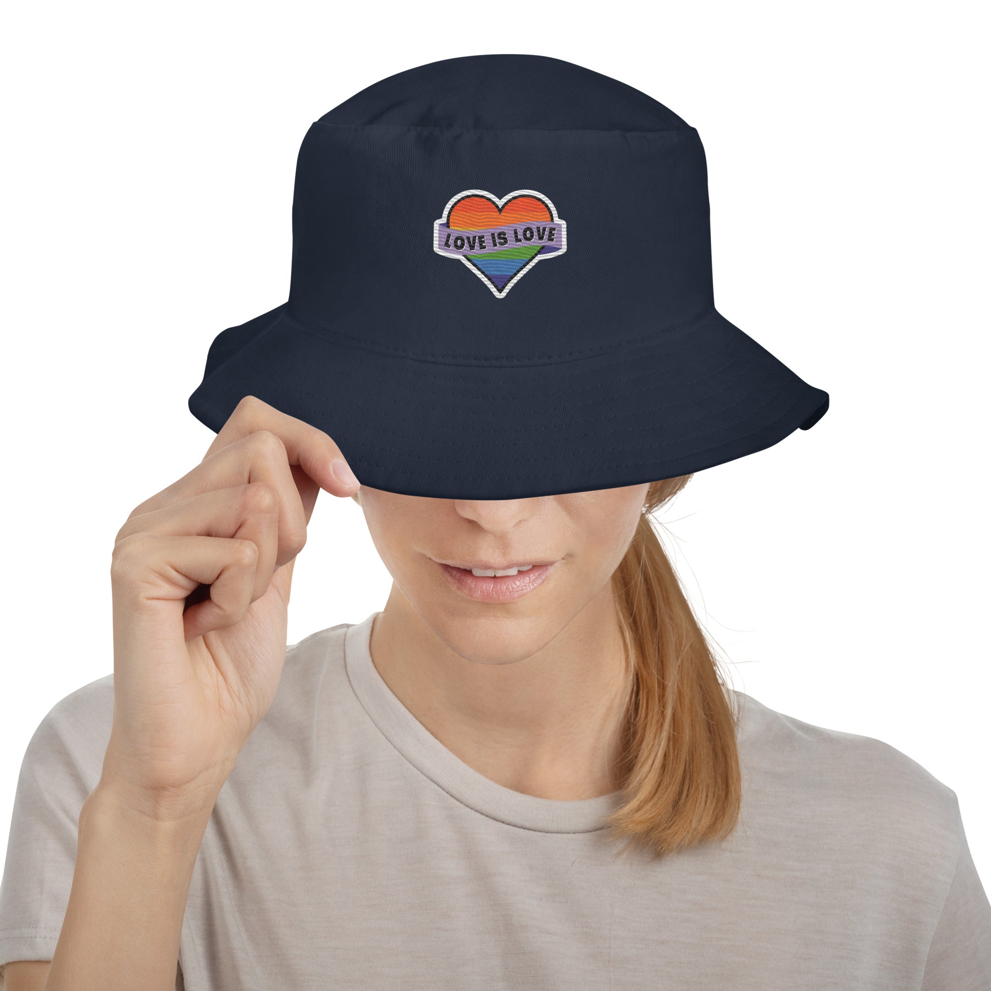 Love Is Love embroidered bucket hat, navy, front view 2 — Rose Gold Co