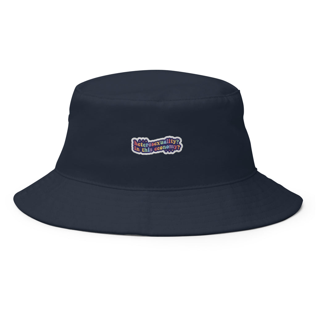 Heterosexuality? In This Economy? embroidered bucket hat, navy, front view — Rose Gold Co
