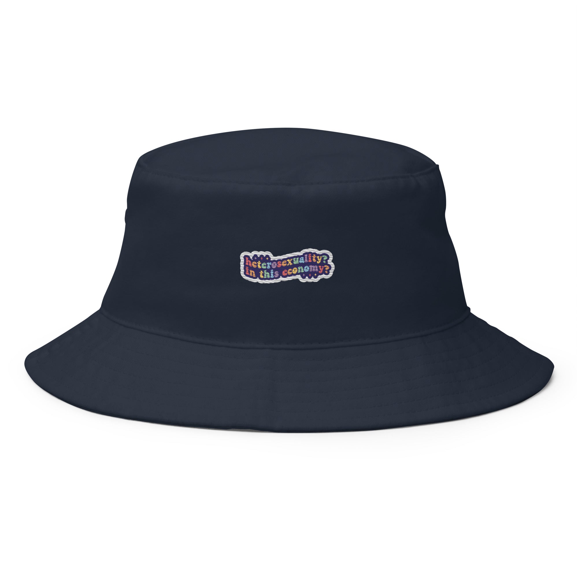 Heterosexuality? In This Economy? embroidered bucket hat, navy, front view — Rose Gold Co