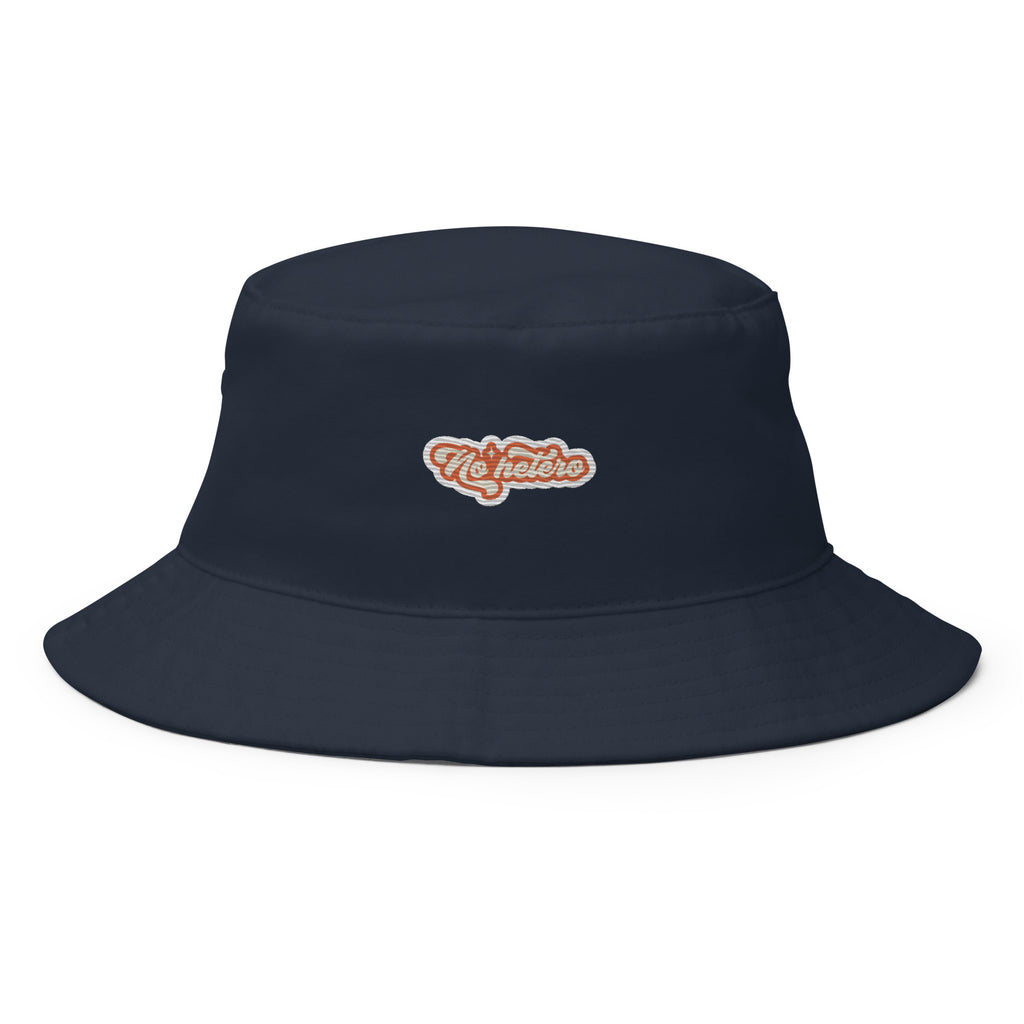No Hetero embroidered bucket hat, navy, front view — Rose Gold Co