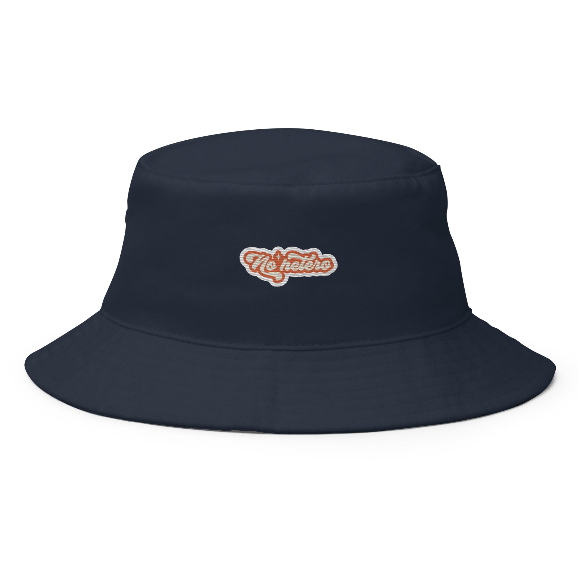 No Hetero embroidered bucket hat, navy, front view — Rose Gold Co