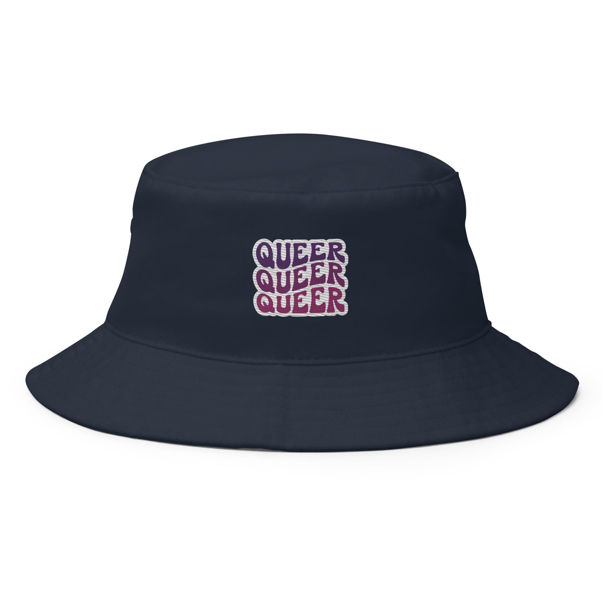 Queer embroidered bucket hat, navy, front view — Rose Gold Co