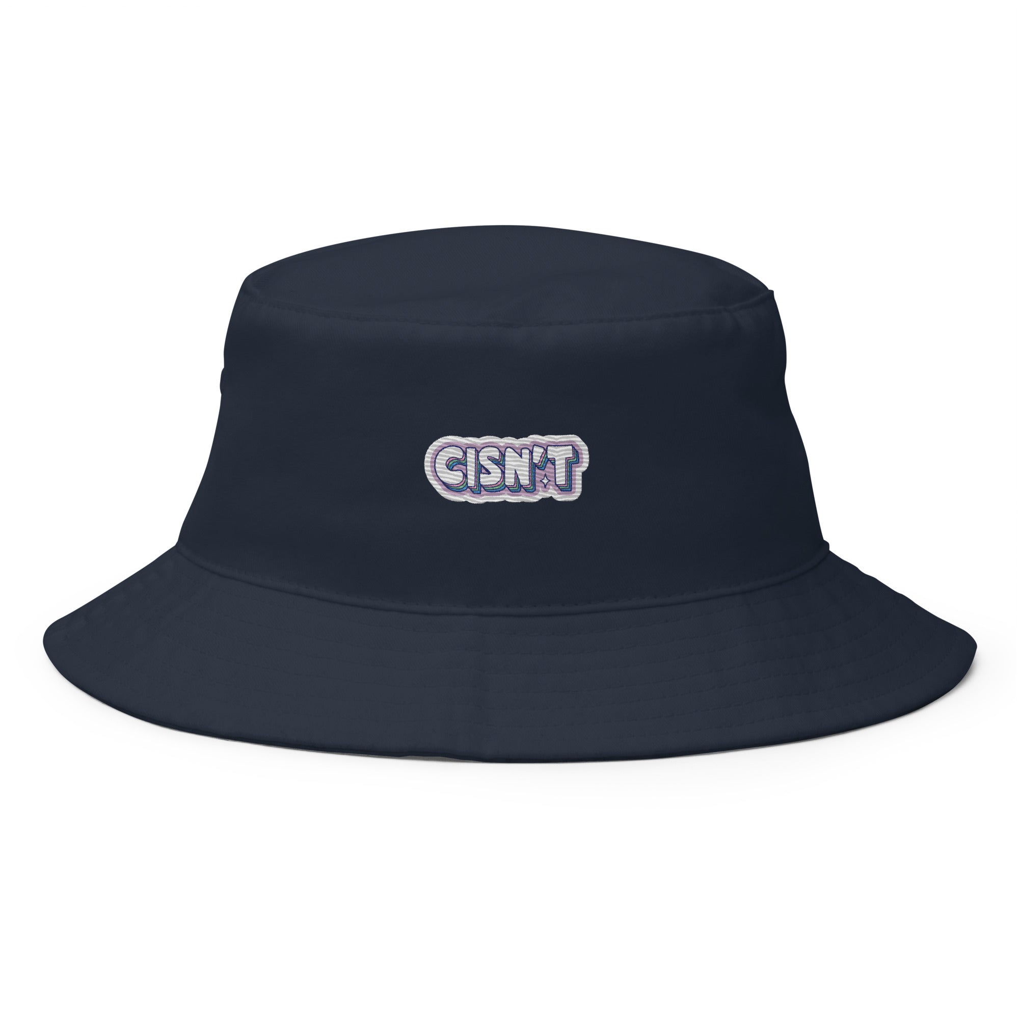 Cisn't embroidered bucket hat, navy, front view — Rose Gold Co