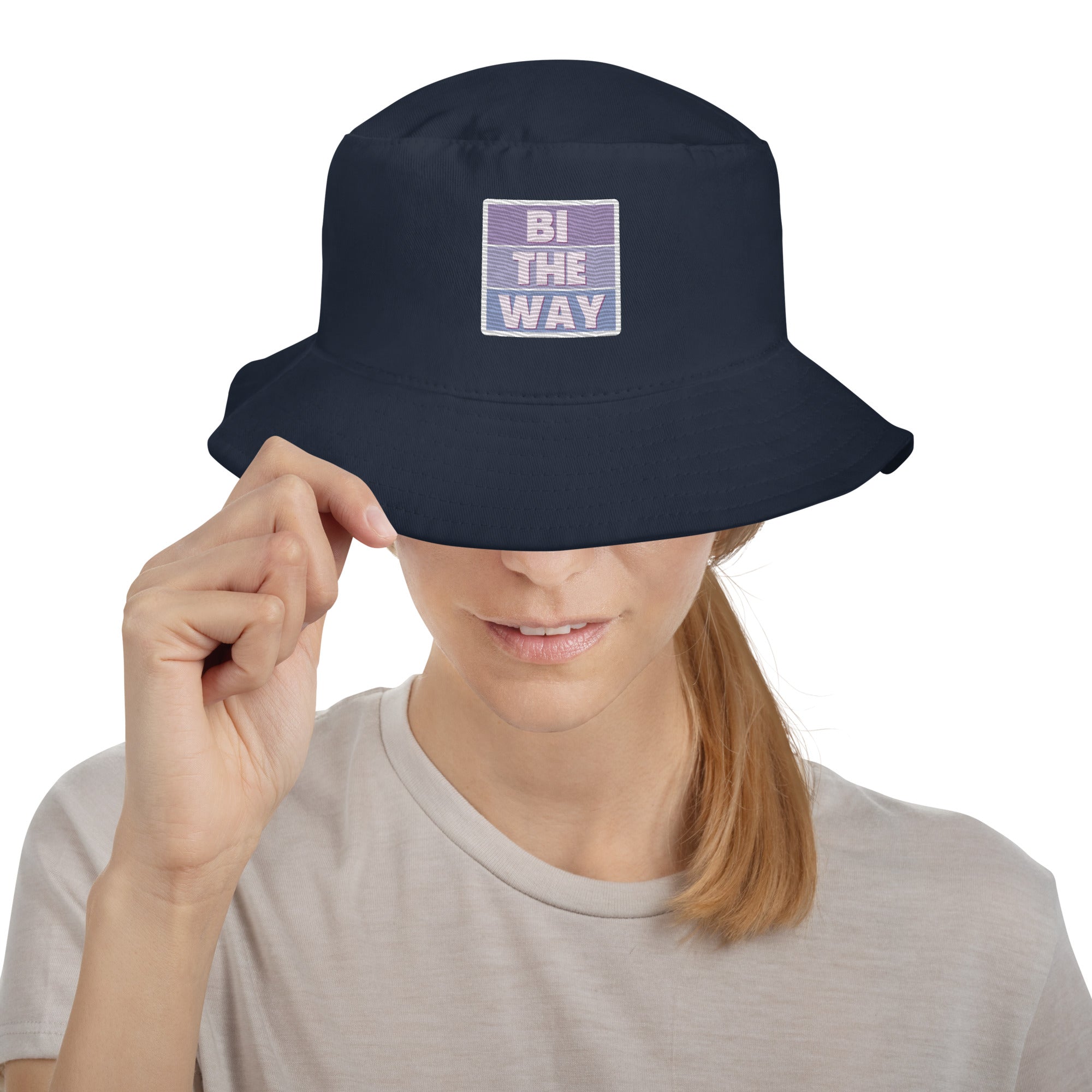 Bi the Way embroidered bucket hat, navy, front view 2 — Rose Gold Co