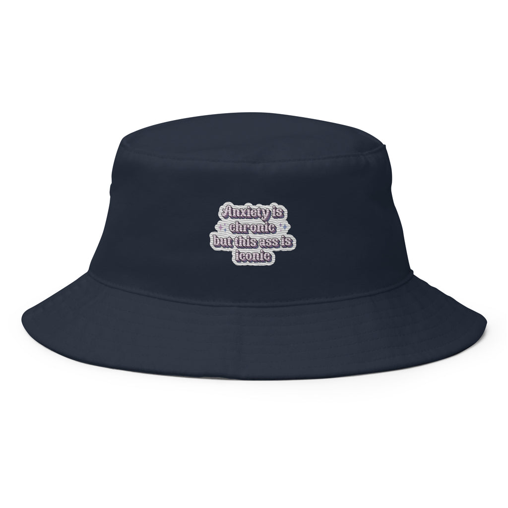 Anxiety Is Chronic but This Ass Is Iconic embroidered bucket hat, navy, front view — Rose Gold Co