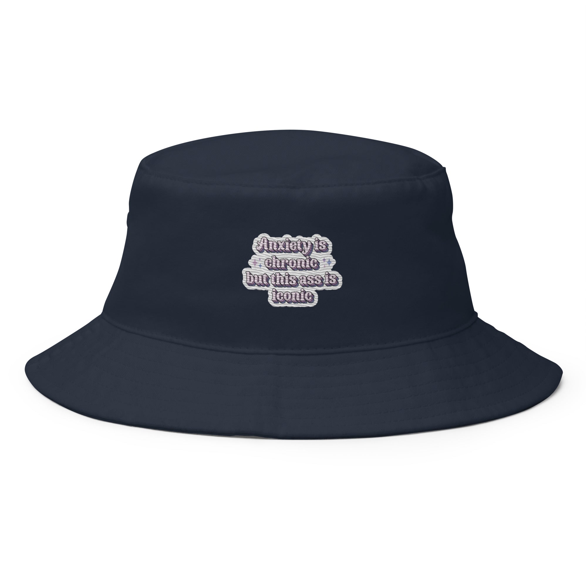 Anxiety Is Chronic but This Ass Is Iconic embroidered bucket hat, navy, front view — Rose Gold Co