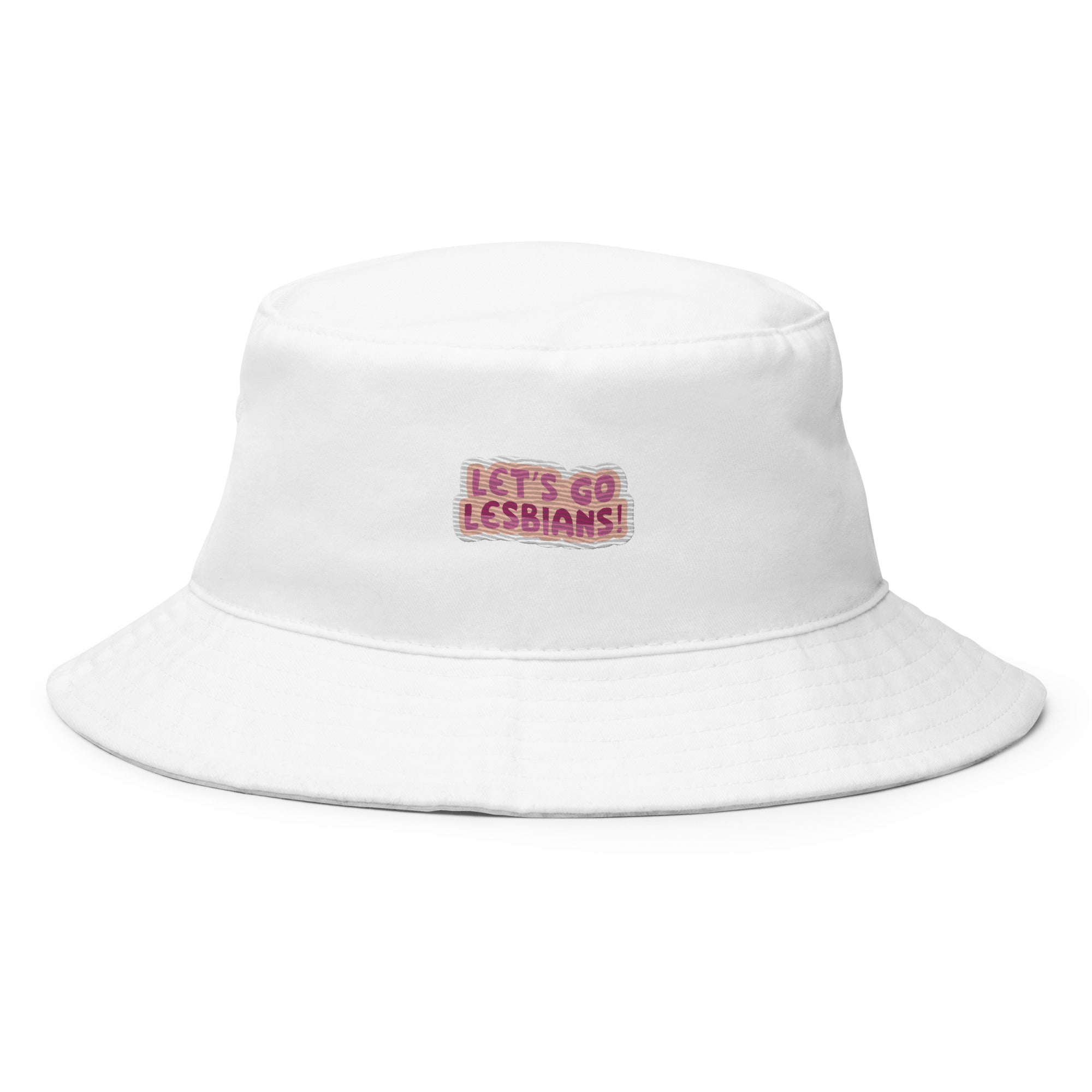 Let's Go Lesbians embroidered bucket hat, back view — Rose Gold Co