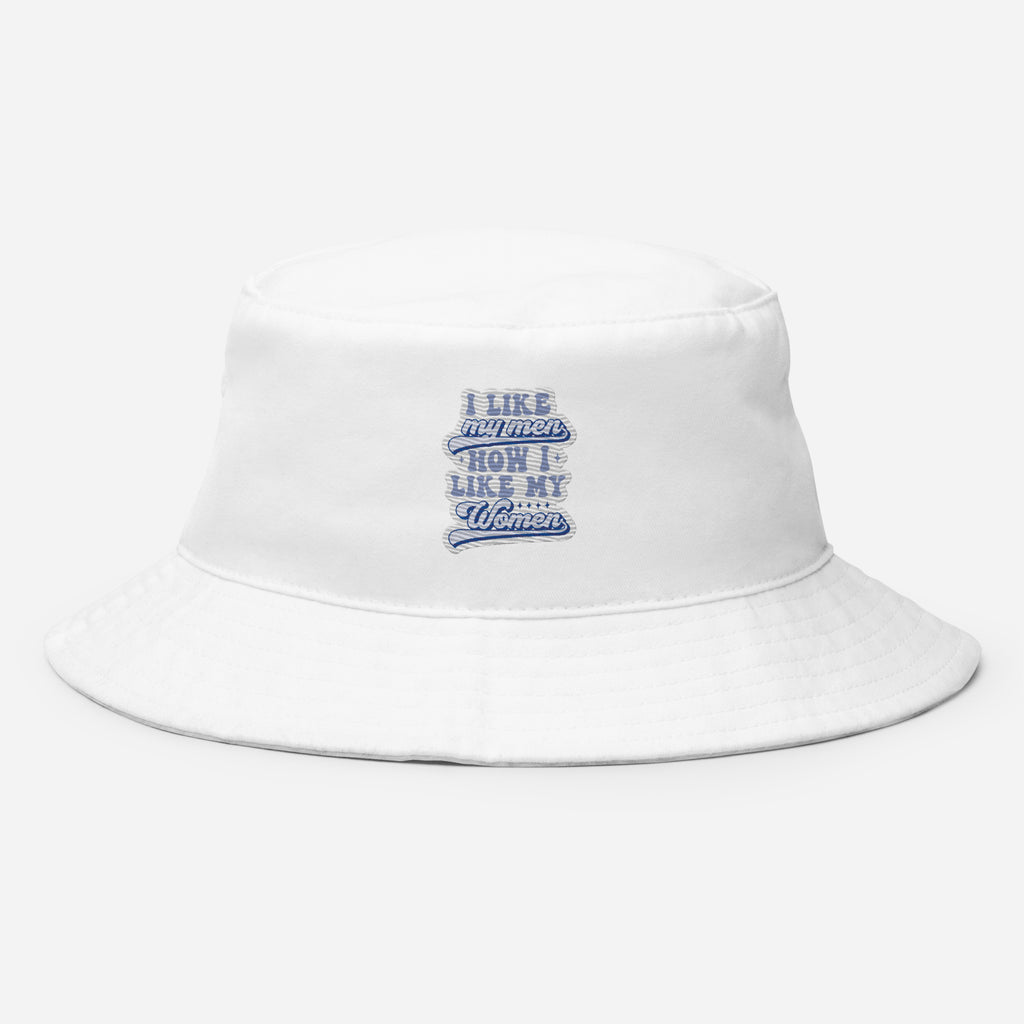 I Like My Men How I Like My Women bucket hat, flat lay — Rose Gold Co