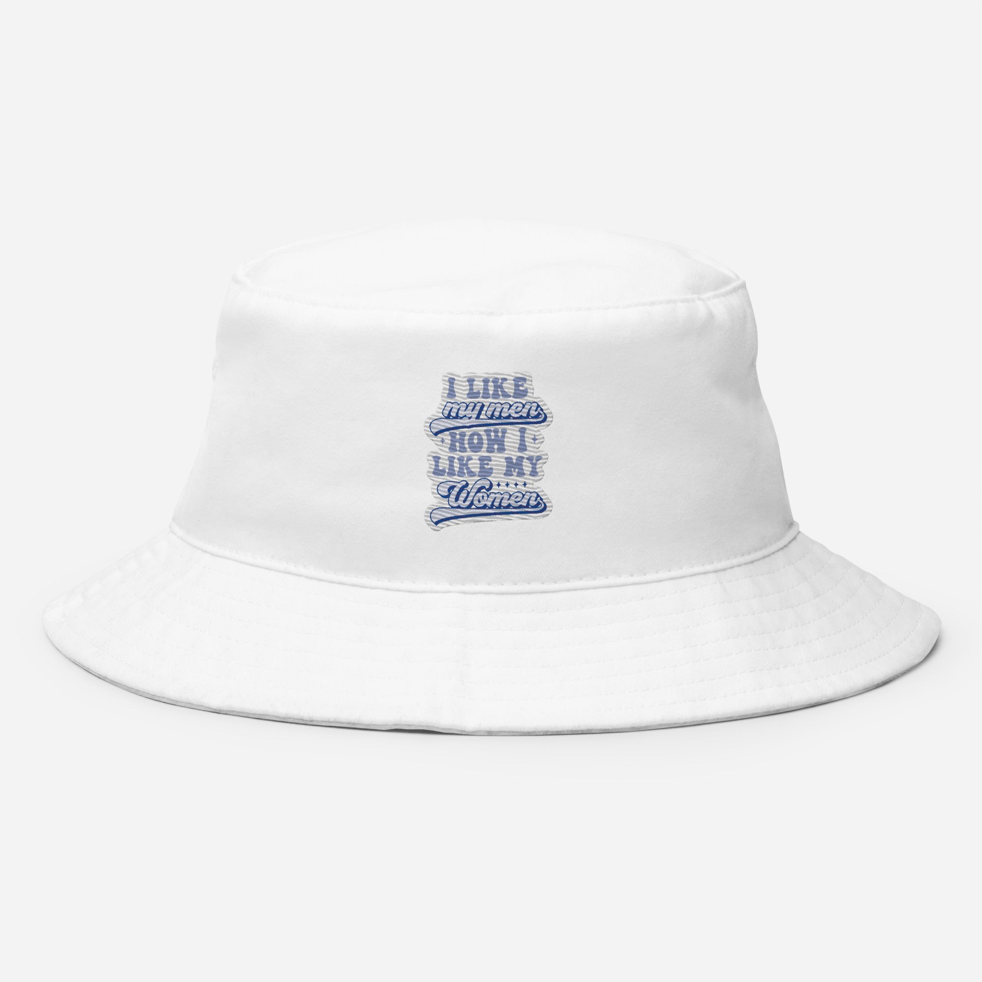 I Like My Men How I Like My Women bucket hat, flat lay — Rose Gold Co