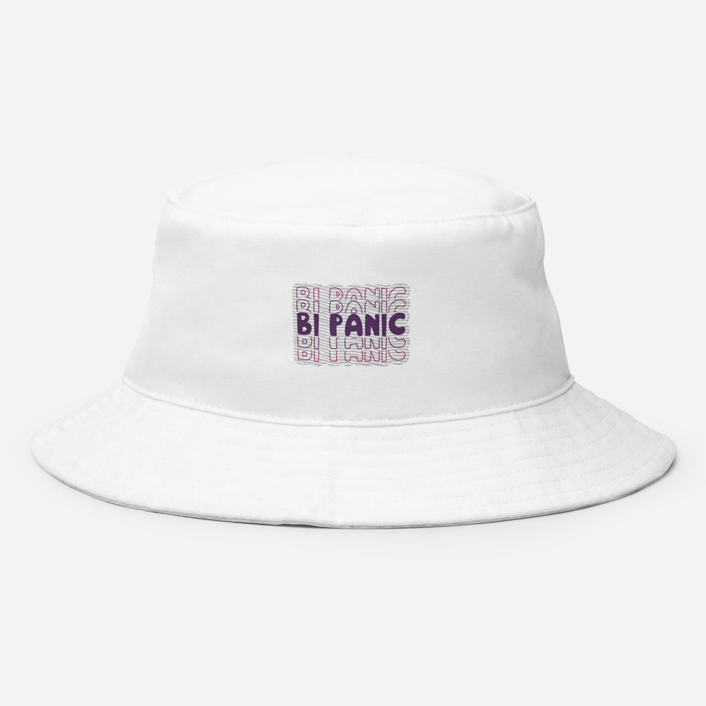 Bi Panic embroidered bucket hat, white, front view — Rose Gold Co