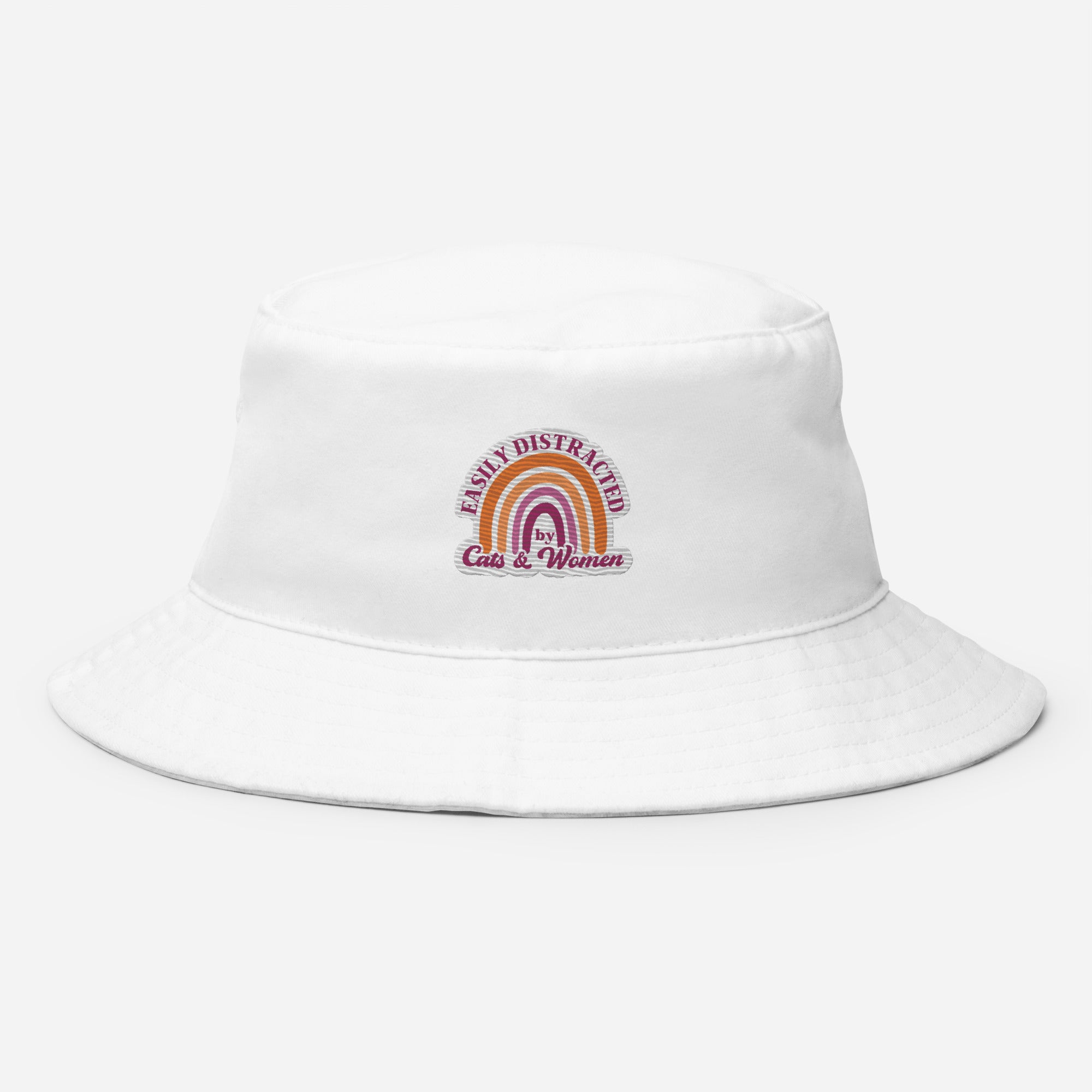 Easily Distracted by Cats & Women embroidered bucket hat, white, front view — Rose Gold Co