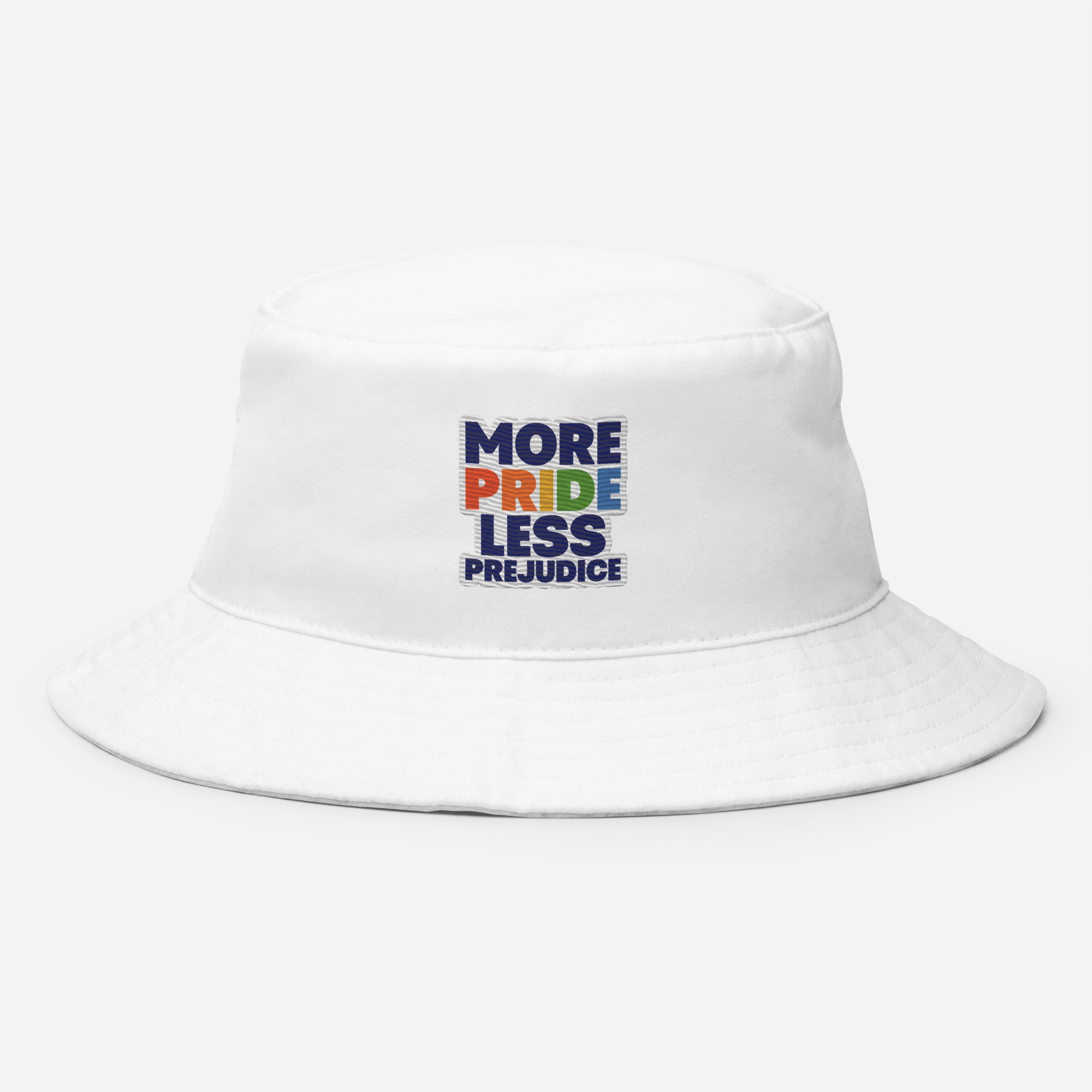 More Pride Less Prejudice embroidered bucket hat, white, front view — Rose Gold Co