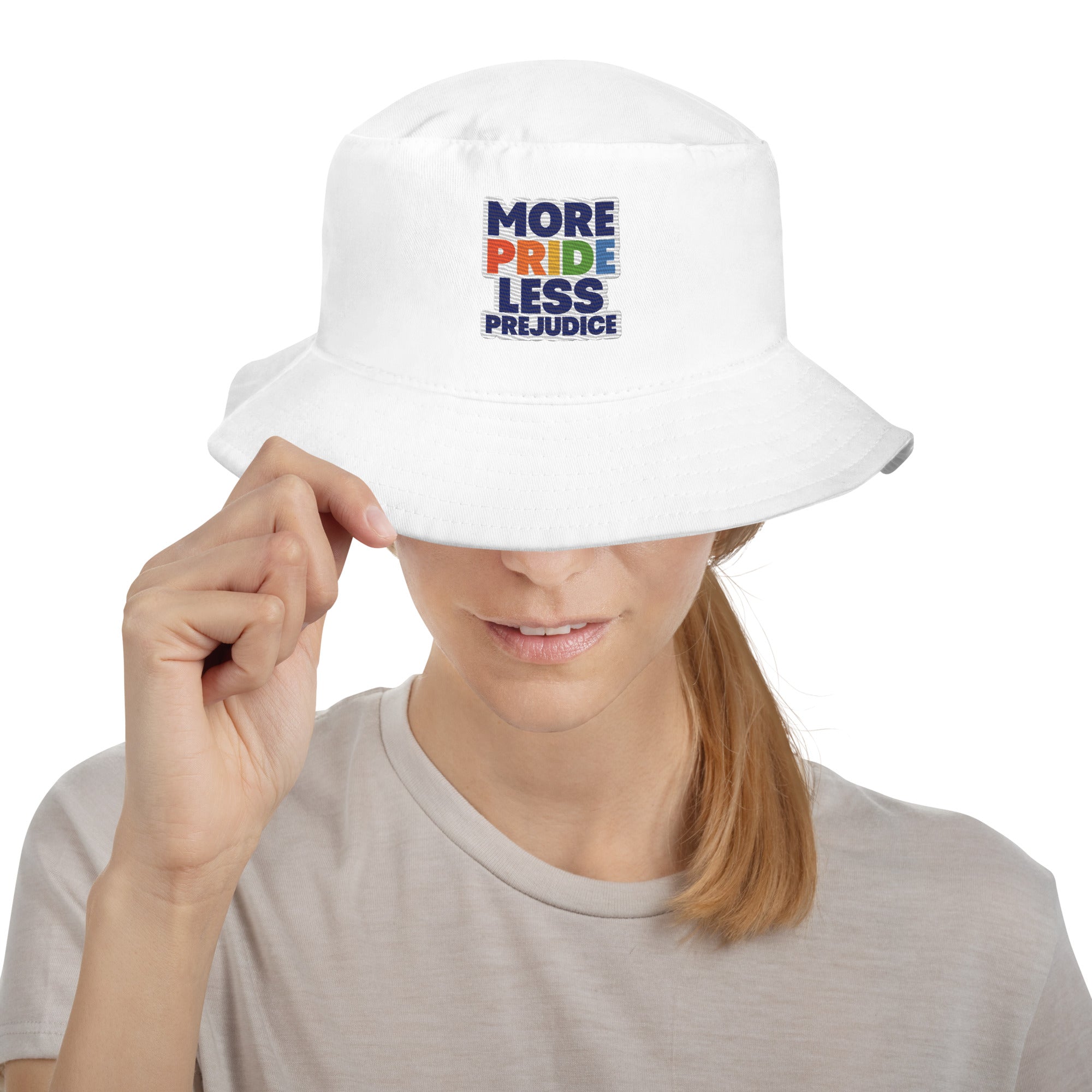 More Pride Less Prejudice embroidered bucket hat, white, front view 2 — Rose Gold Co