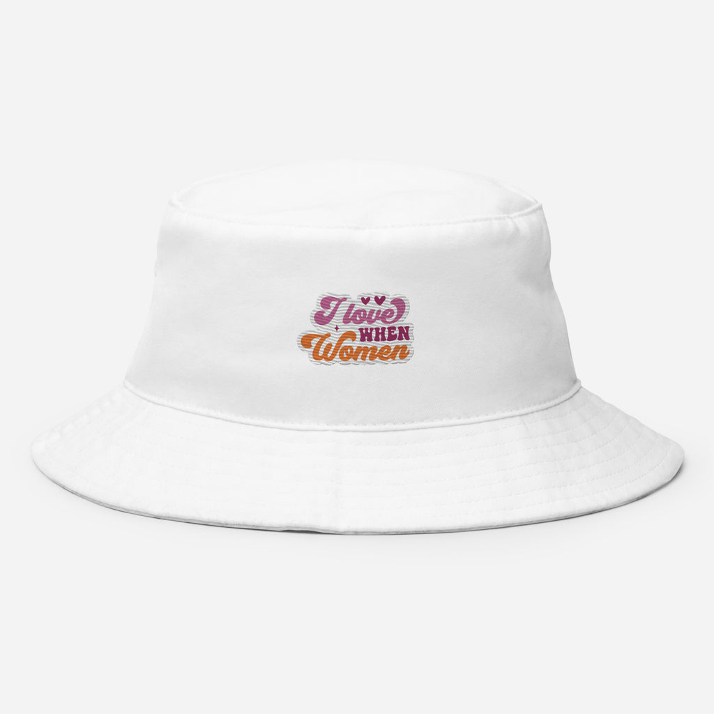 I Love When Women embroidered bucket hat, white, front view — Rose Gold Co