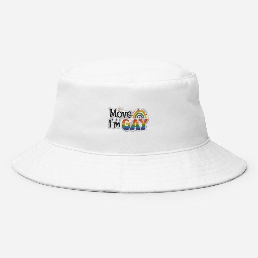 Move I'm Gay embroidered bucket hat, white, front view — Rose Gold Co