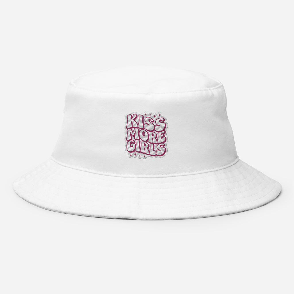 Kiss More Girls embroidered bucket hat, white, front view — Rose Gold Co