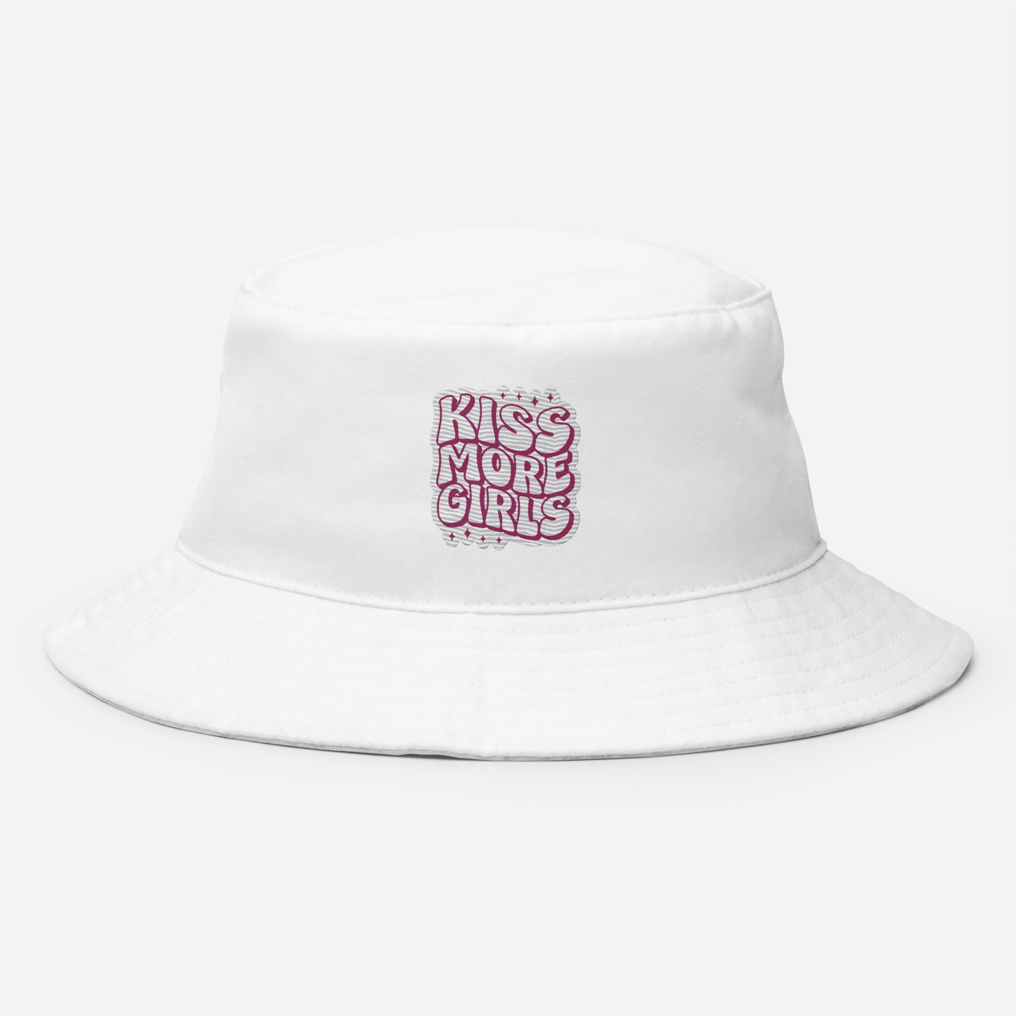 Kiss More Girls embroidered bucket hat, white, front view — Rose Gold Co