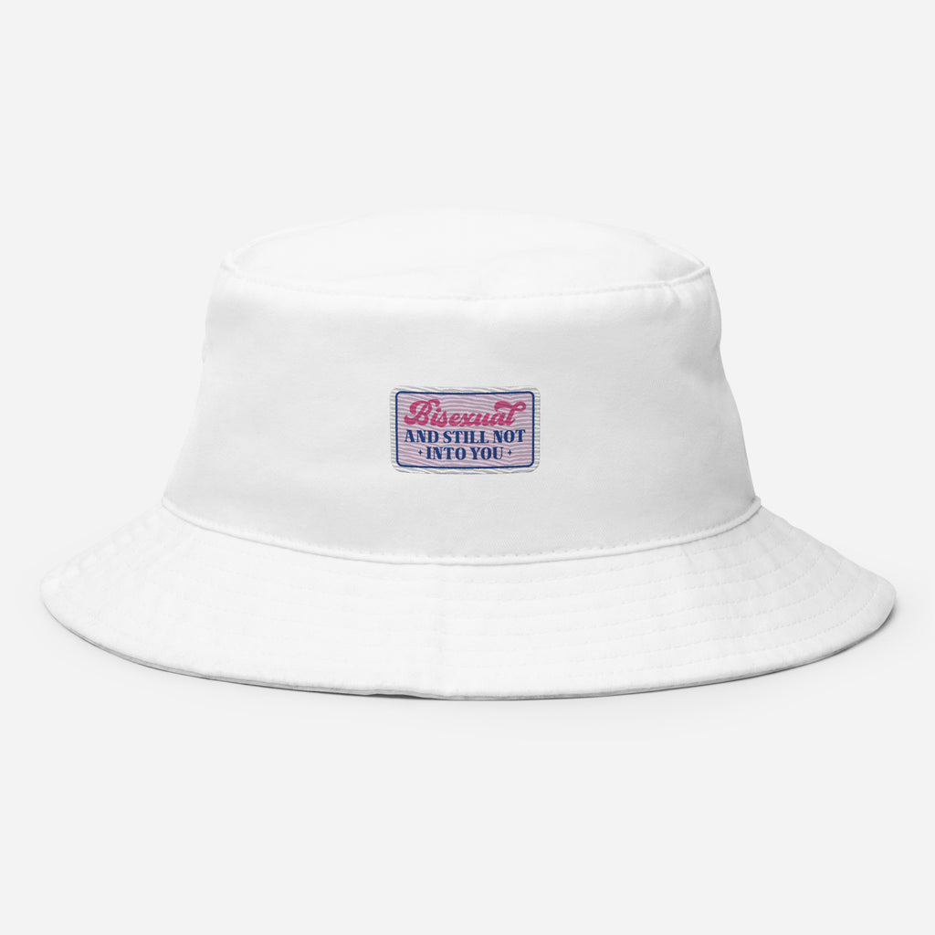 Bisexual and Still Not Into You embroidered bucket hat, white, front view — Rose Gold Co