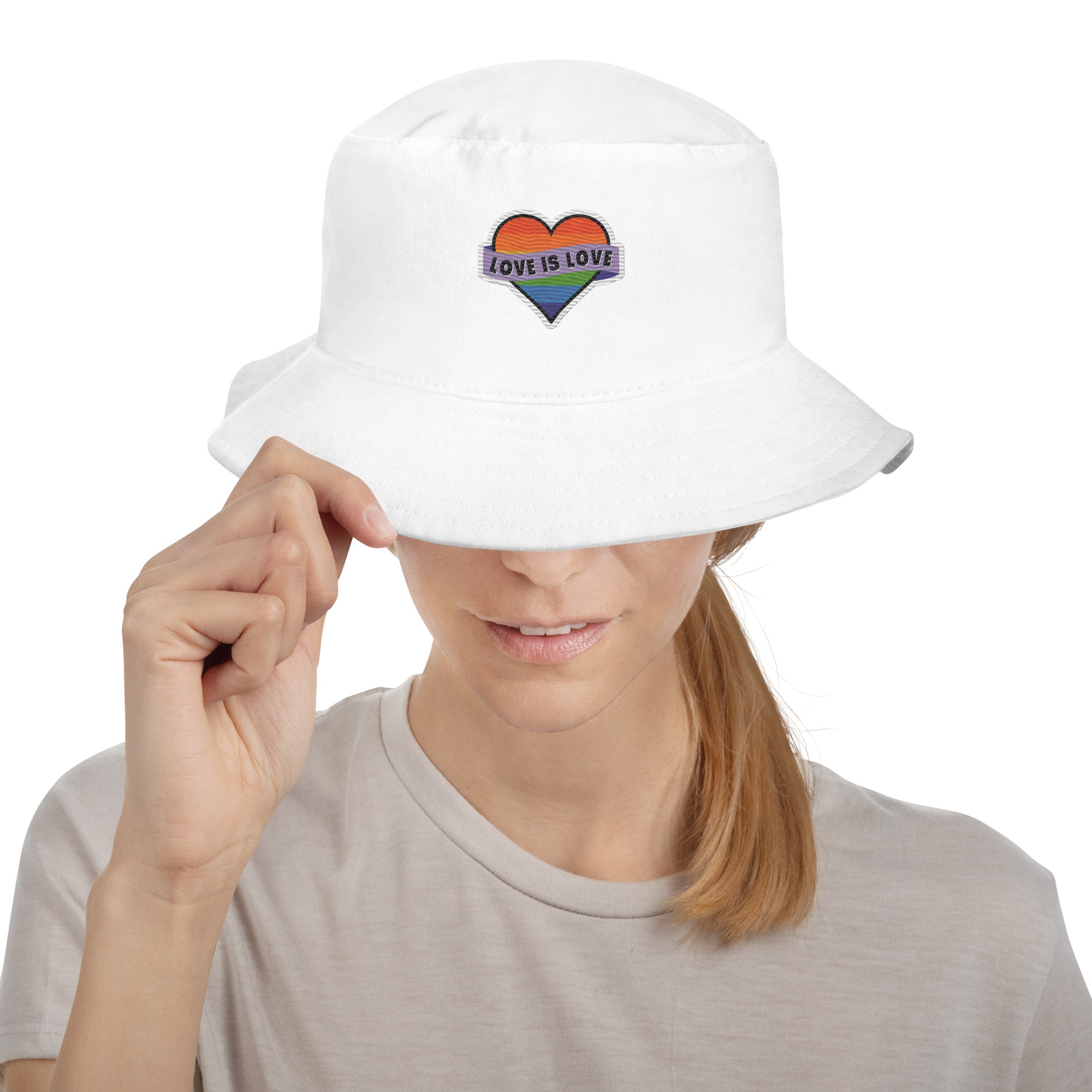 Love Is Love embroidered bucket hat, white, front view 2 — Rose Gold Co