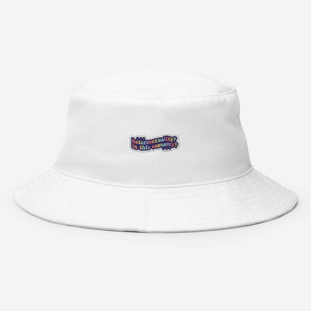 Heterosexuality? In This Economy? embroidered bucket hat, white, front view — Rose Gold Co