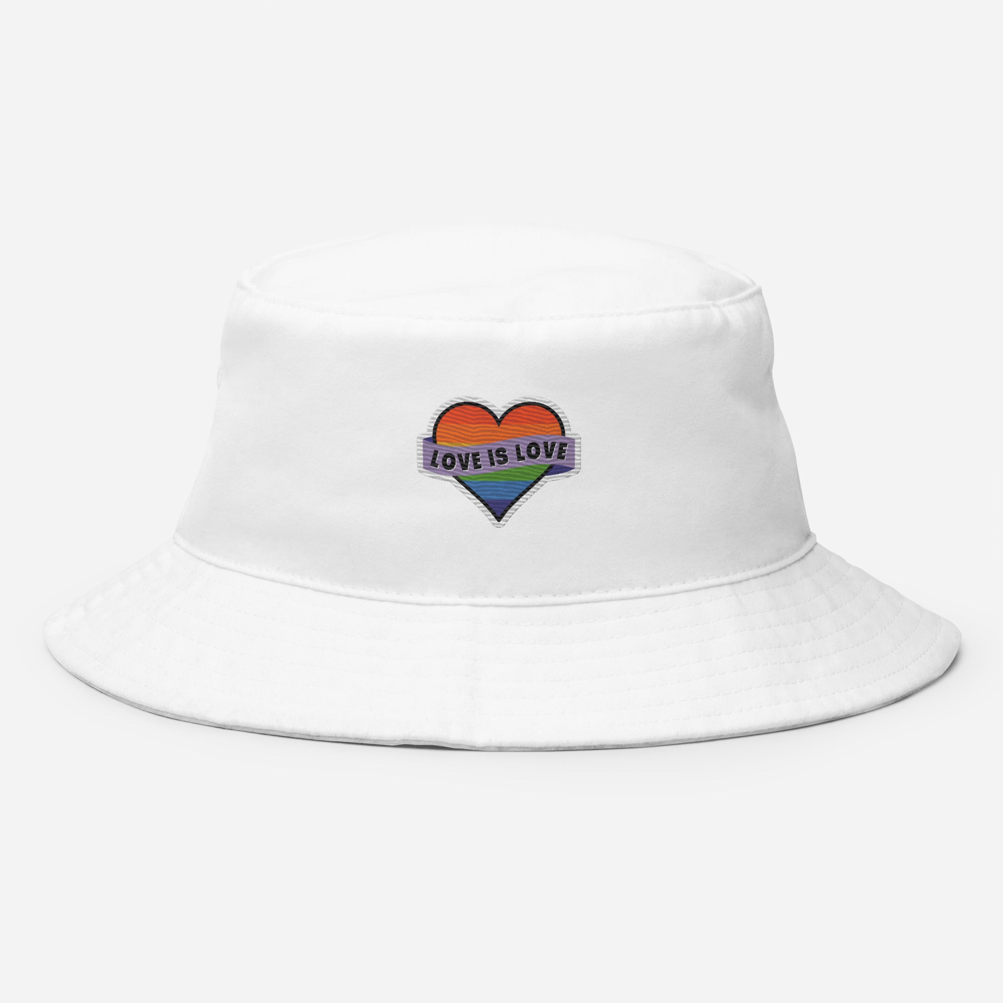 Love Is Love embroidered bucket hat, white, front view — Rose Gold Co