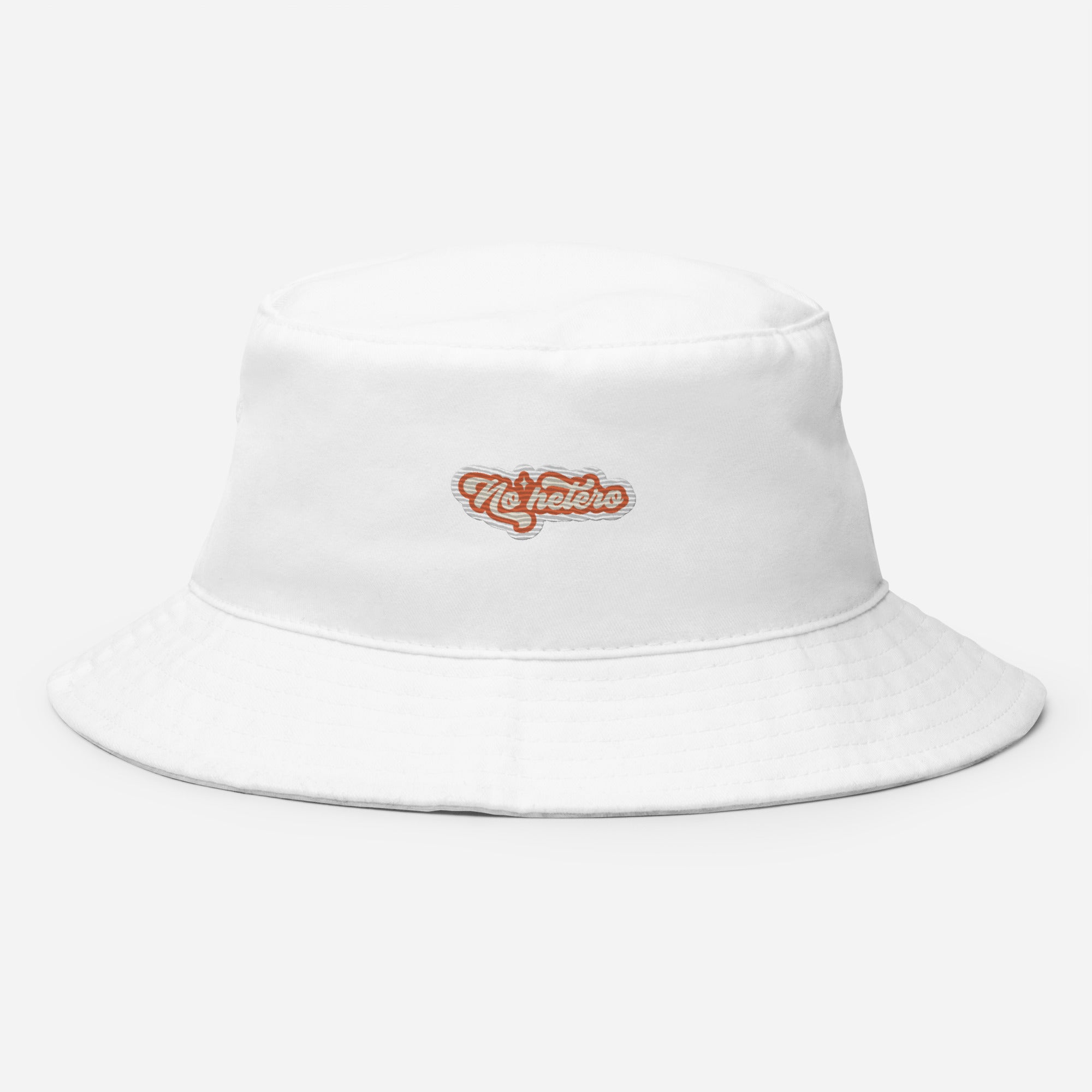 No Hetero embroidered bucket hat, white, front view — Rose Gold Co