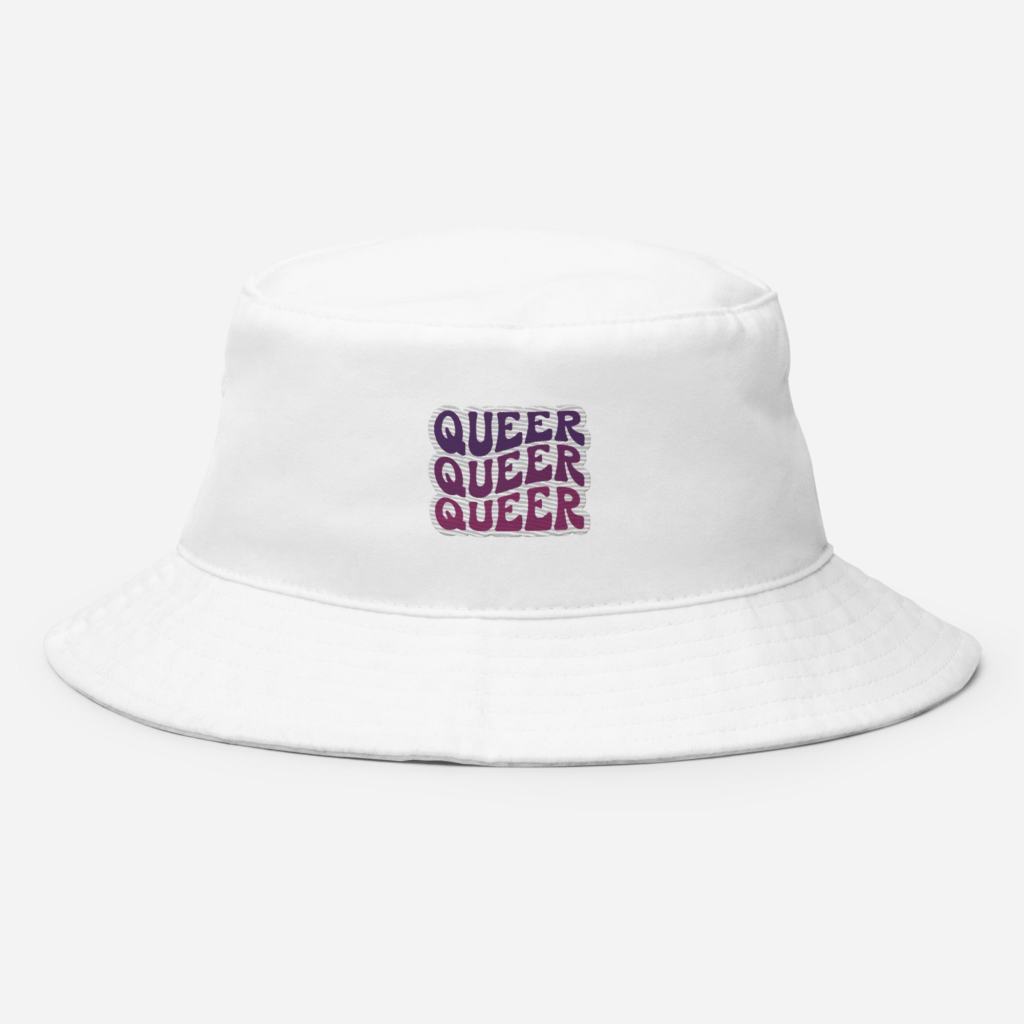 Queer embroidered bucket hat, white, front view — Rose Gold Co
