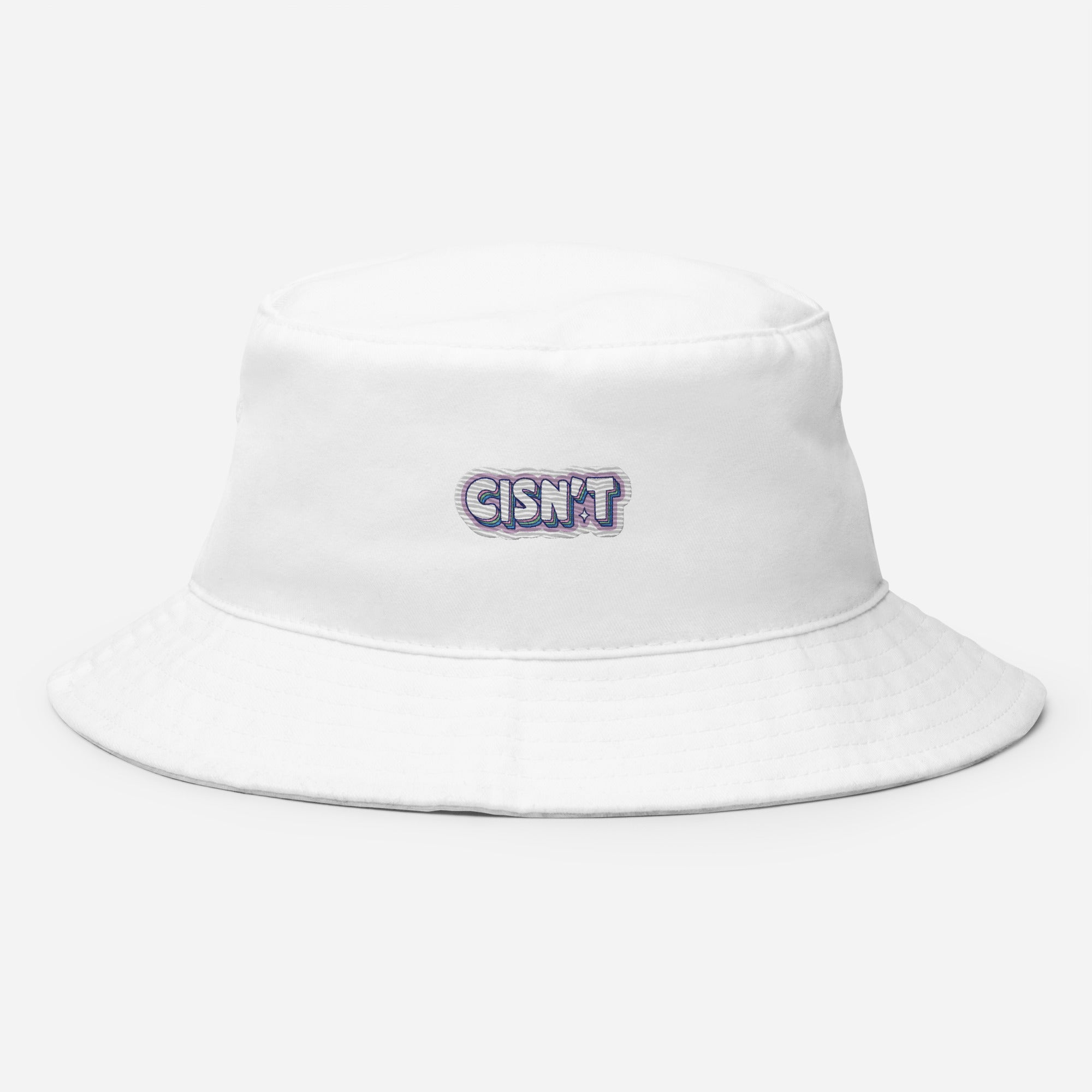 Cisn't embroidered bucket hat, white, front view — Rose Gold Co