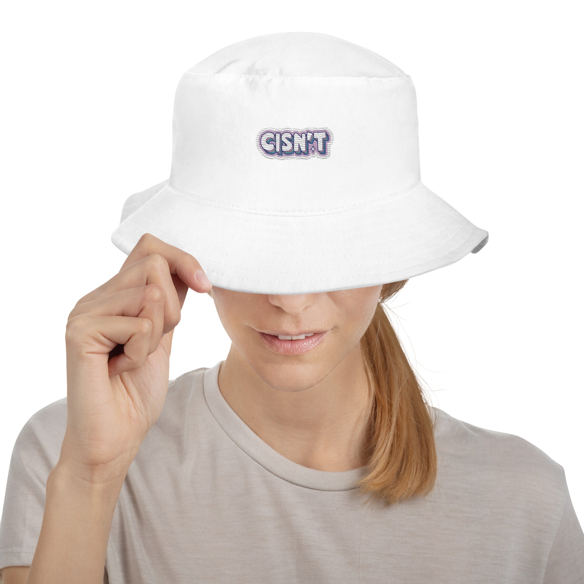 Cisn't embroidered bucket hat, white, front view 2 — Rose Gold Co