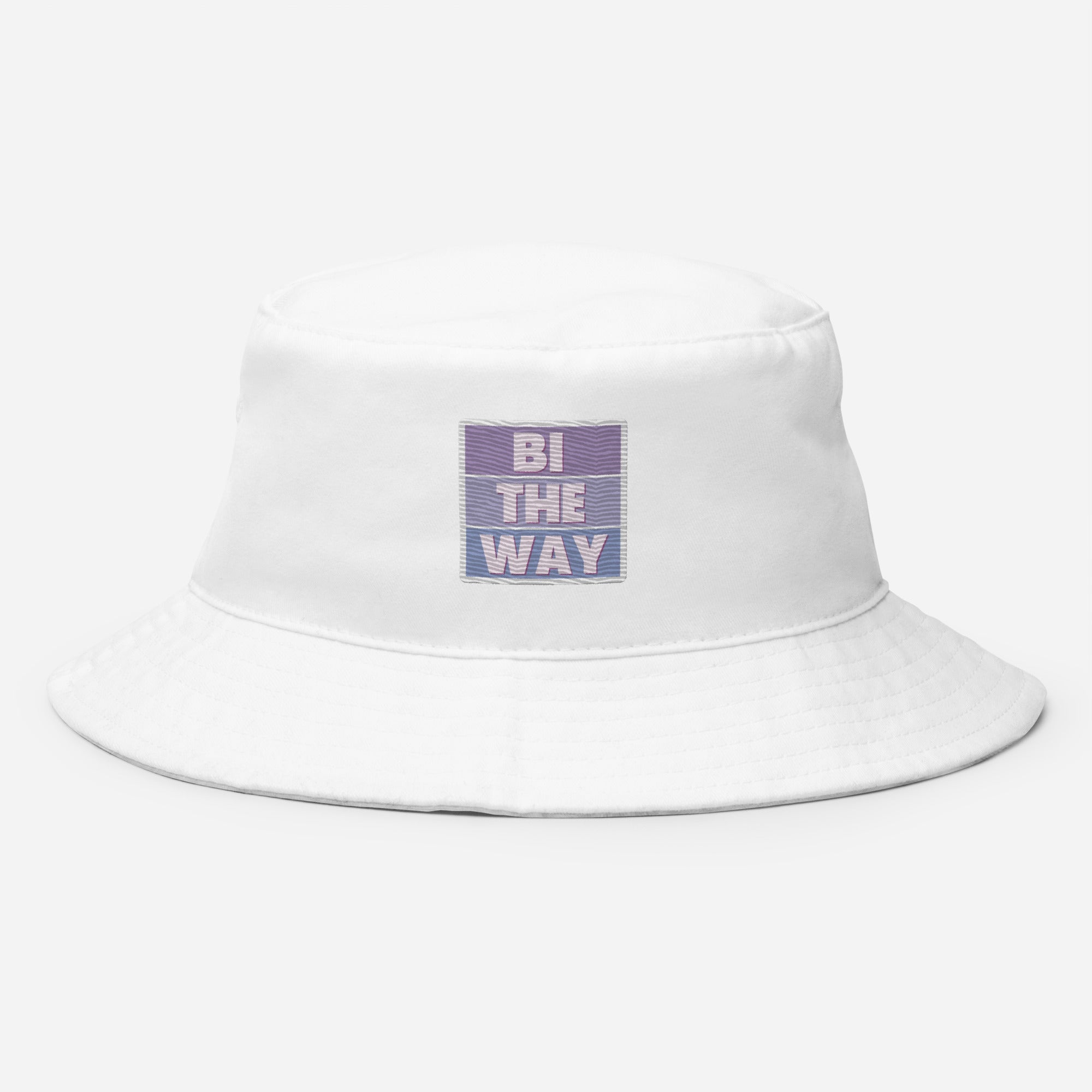 Bi the Way embroidered bucket hat, white, front view — Rose Gold Co