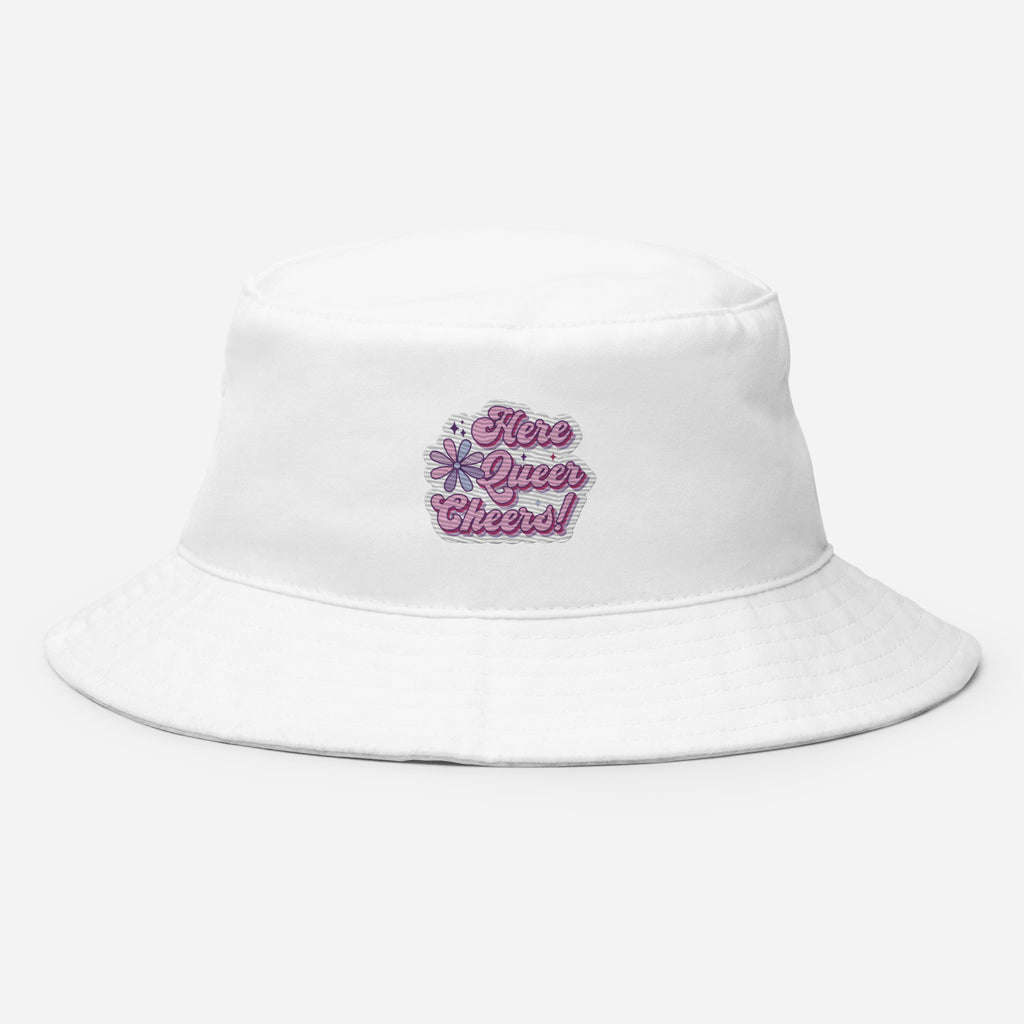 Here Queer Cheers embroidered bucket hat, white, front view — Rose Gold Co