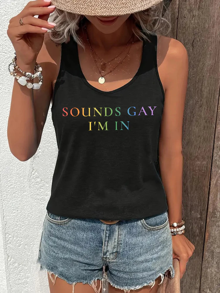 Sounds Gay I'm In rainbow tank top, front — Rose Gold Co
