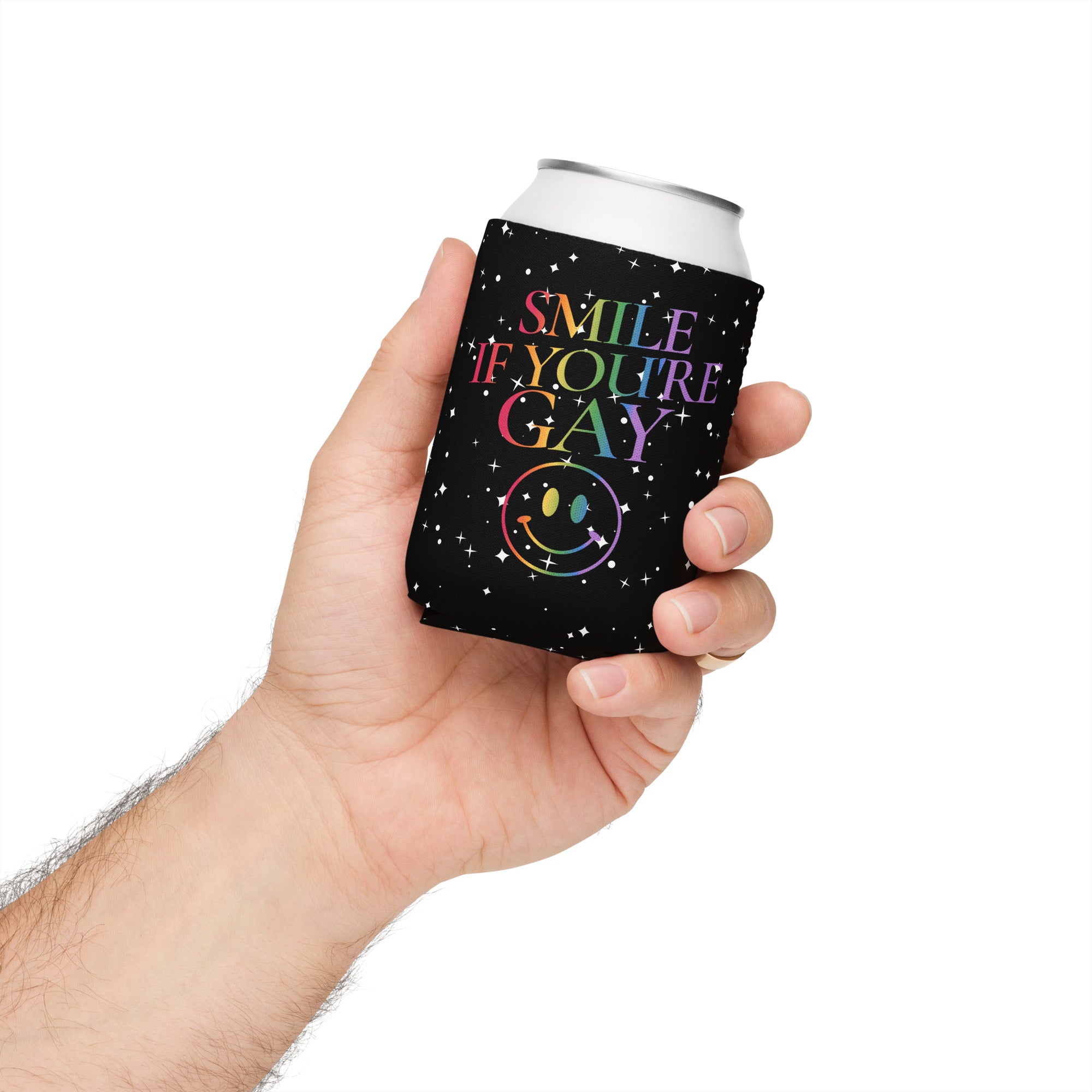 Smile If You're Gay can cooler, back view — Rose Gold Co