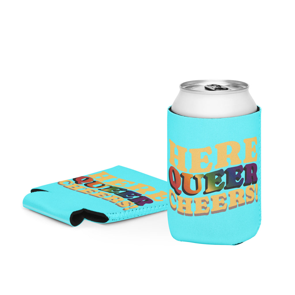 Here Queer Cheers can cooler, back view — Rose Gold Co