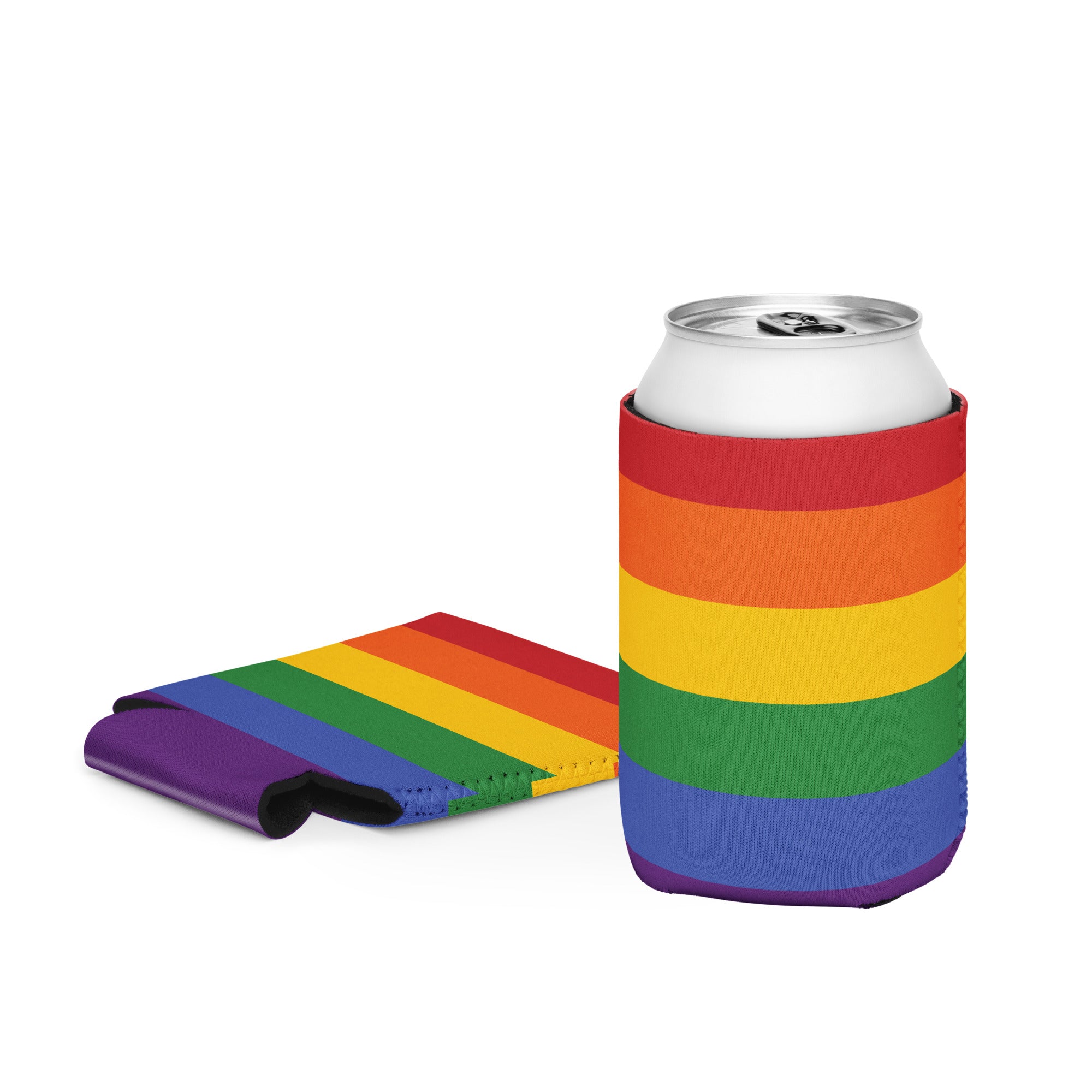 Rainbow pride can cooler, back view — Rose Gold Co
