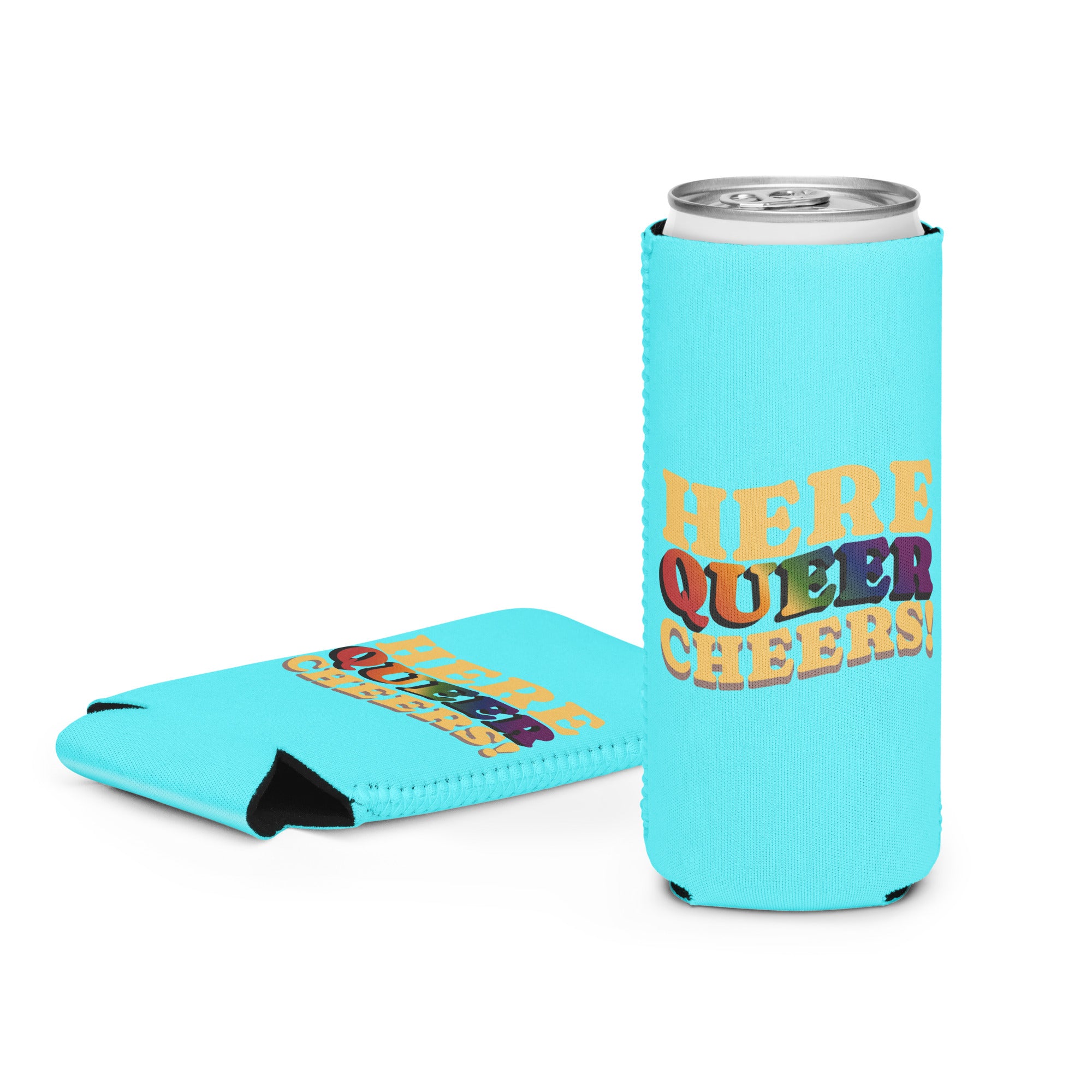 Here Queer Cheers can cooler, detail view — Rose Gold Co