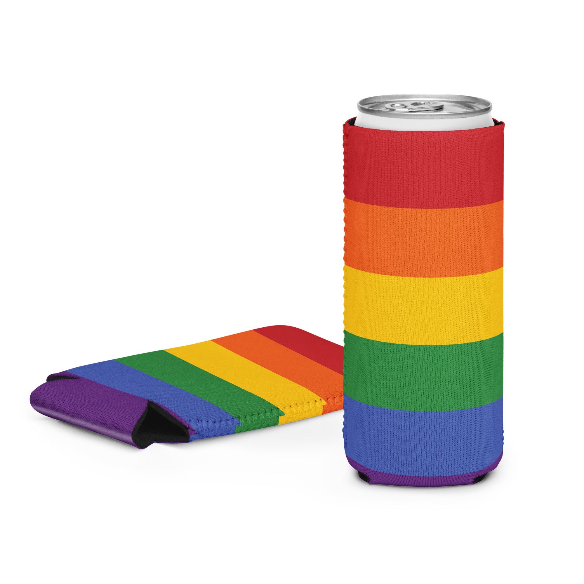 Rainbow pride can cooler, detail view — Rose Gold Co
