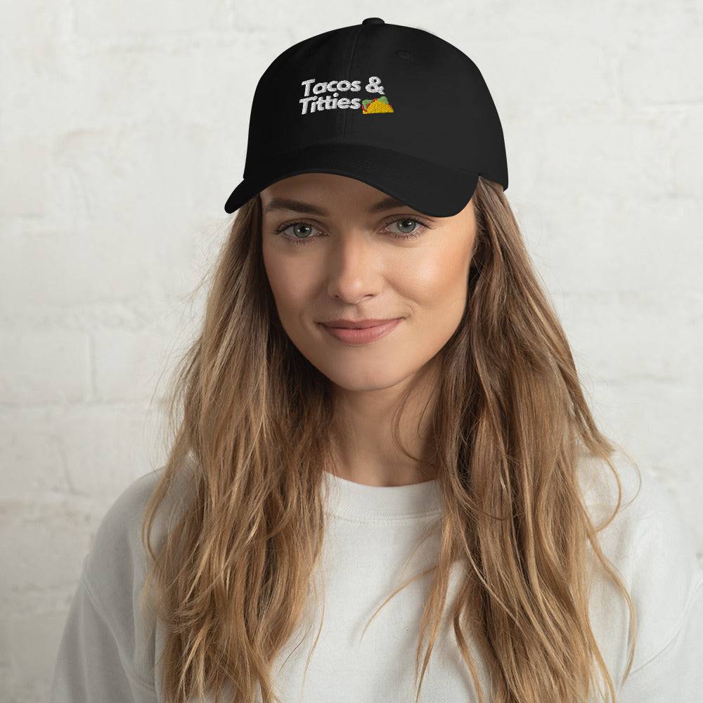 Tacos and Titties lesbian dad hat, front view — Rose Gold Co